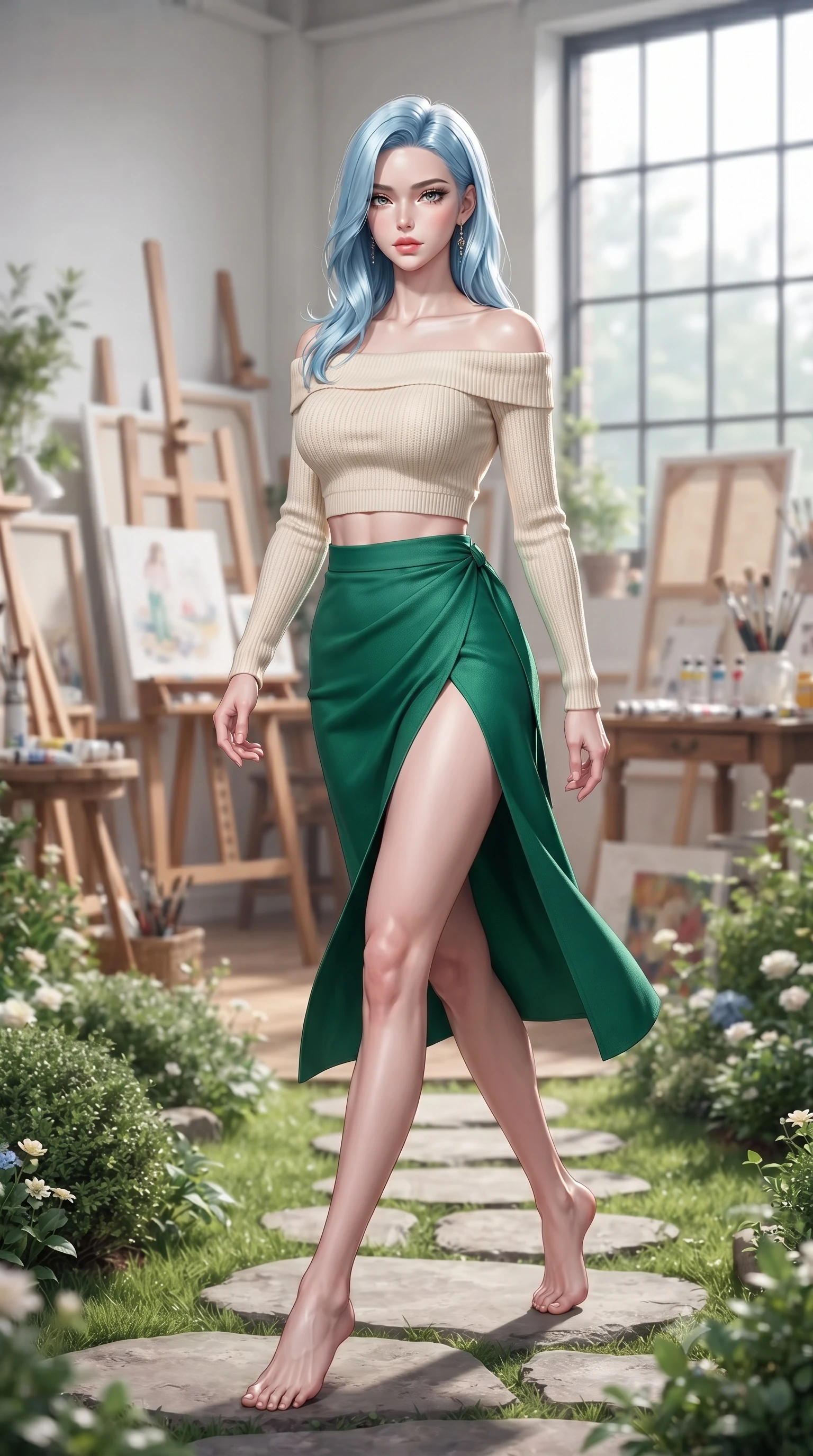 score_9, masterpiece, best quality, ultra-detailed, high-budget anime keyframe, editorial fashion photography, tasteful artistic composition, Korean woman woman. low angle full-body shot from head to toe showing her feet, filling the entire 9:16 vertical frame with her statuesque presence, stretching her vertical silhouette. stepping gracefully across a stone path in the garden the background shows a soft-focus an artist's studio filled with canvases, paint brushes, and easel near a large industrial window. She has an absolutely perfect, statuesque 8.5-heads proportion, an exceptionally tall and slender model-like female figure with impossibly long slender legs and an ultra-slim waist. sharp v-shaped jawline, high-bridge nose, intricate jewel-like eyes with depth, thick eyelashes, glossy lips with a natural sheen. wearing a body-hugging cropped off-shoulder knit top in cream paired with a high-slit wrap skirt in emerald green. crisp North daylight casting soft, consistent lighting over the workspace. ultra-reflective glossy finish, specular highlights, metallic sheen, high-contrast stereoscopic depth, volumetric dynamic lighting, 2k, ultra detail, master piece, 9:16 ratio