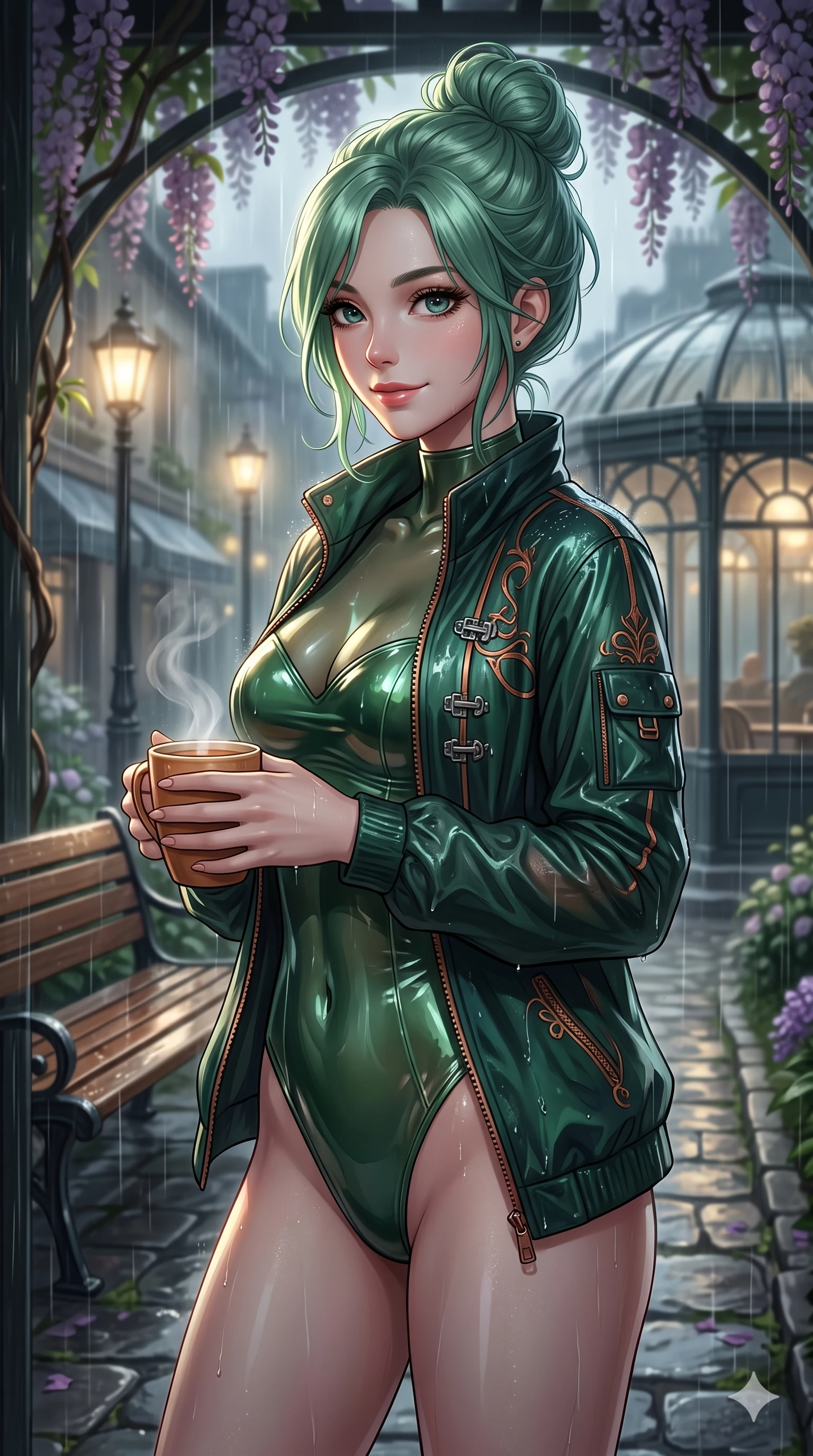 score_9, masterpiece, best quality, ultra-detailed, high-budget anime keyframe, vibrant anime aesthetic, Japanese woman. close-up cowboy shot from the waist and thighs up, the character dominates the composition, filling the frame with her large presence, background elements kept in soft focus. She is holding a warm mug of tea, looking at the camera with a gentle smile, looking over her shoulder at the camera with a lively, expressive stance. the background shows a soft-focus wooden bench under a wisteria trellis in a quiet courtyard garden during a gentle afternoon rain (Code-P22-155). She has an absolutely perfect proportion, an exceptionally elegant and slender female figure with an ultra-slim waist. V-shaped jawline, high-bridge nose, intricate jewel-like eyes with depth, thick eyelashes, glossy lips with a natural sheen. wearing a translucent high-shine bodysuit with a sweetheart neckline under a lightweight jacket in dark emerald and copper details. She is lit by dramatic, high-contrast streetlights casting long shadows in the rain, adding depth to her jewel-like eyes inside the retro conservatory cafe. 2k, ultra detail, master piece, 9:16 ratio