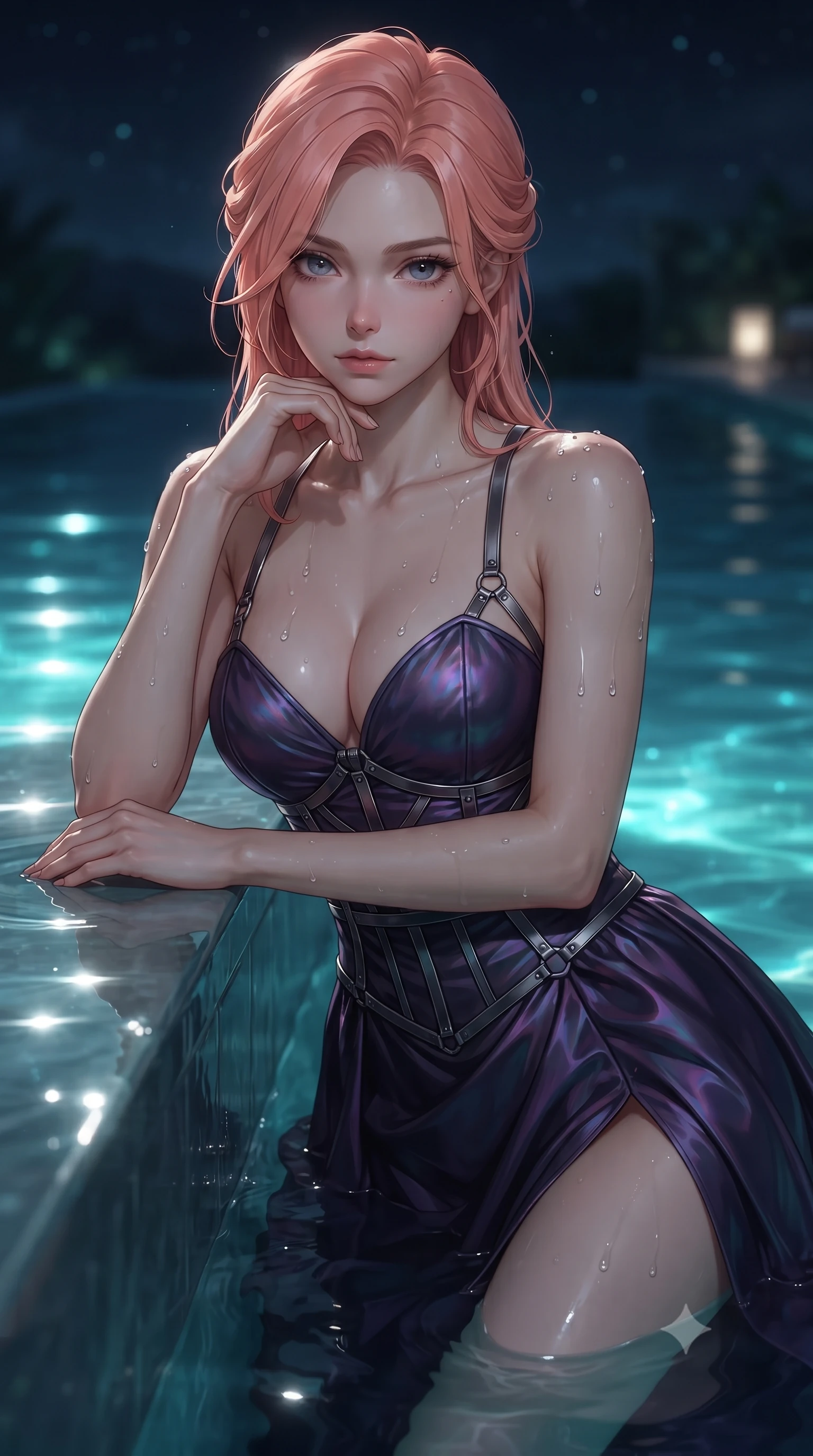 score_9, masterpiece, best quality, ultra-detailed, high-budget anime keyframe, editorial fashion photography, tasteful artistic composition, Japanese woman. close-up cowboy shot from the waist and thighs up, the character dominates the composition, filling the frame with her large presence, background elements kept in soft focus. Resting her chin on the backs of her fingers with an air of effortless superiority, resting against the submerged pool ledge as gentle water ripples catch starlight, glistening water dewdrops tracing her delicate bare shoulders and clavicle lines. She has an exceptionally elegant, slender, and willowy female figure with an ultra-slim waist, a gracefully sculpted slender torso, and a refined silhouette. sharp v-shaped jawline, high-bridge nose, intricate jewel-like eyes with depth, thick eyelashes, glossy lips with a natural sheen. wearing low-cut gothic structured bodice gown with high leg slit in dark mahogany, made of iridescent dark violet taffeta, highlighted by a gunmetal metallic harness structure, sculpting her athletic slender build with refined precision. surrounded by a moody nocturnal ambiance with glowing aqua water highlights. ultra-reflective glossy finish, specular highlights, metallic sheen, high-contrast stereoscopic depth, volumetric dynamic lighting, 2k, ultra detail, master piece, 9:16 ratio