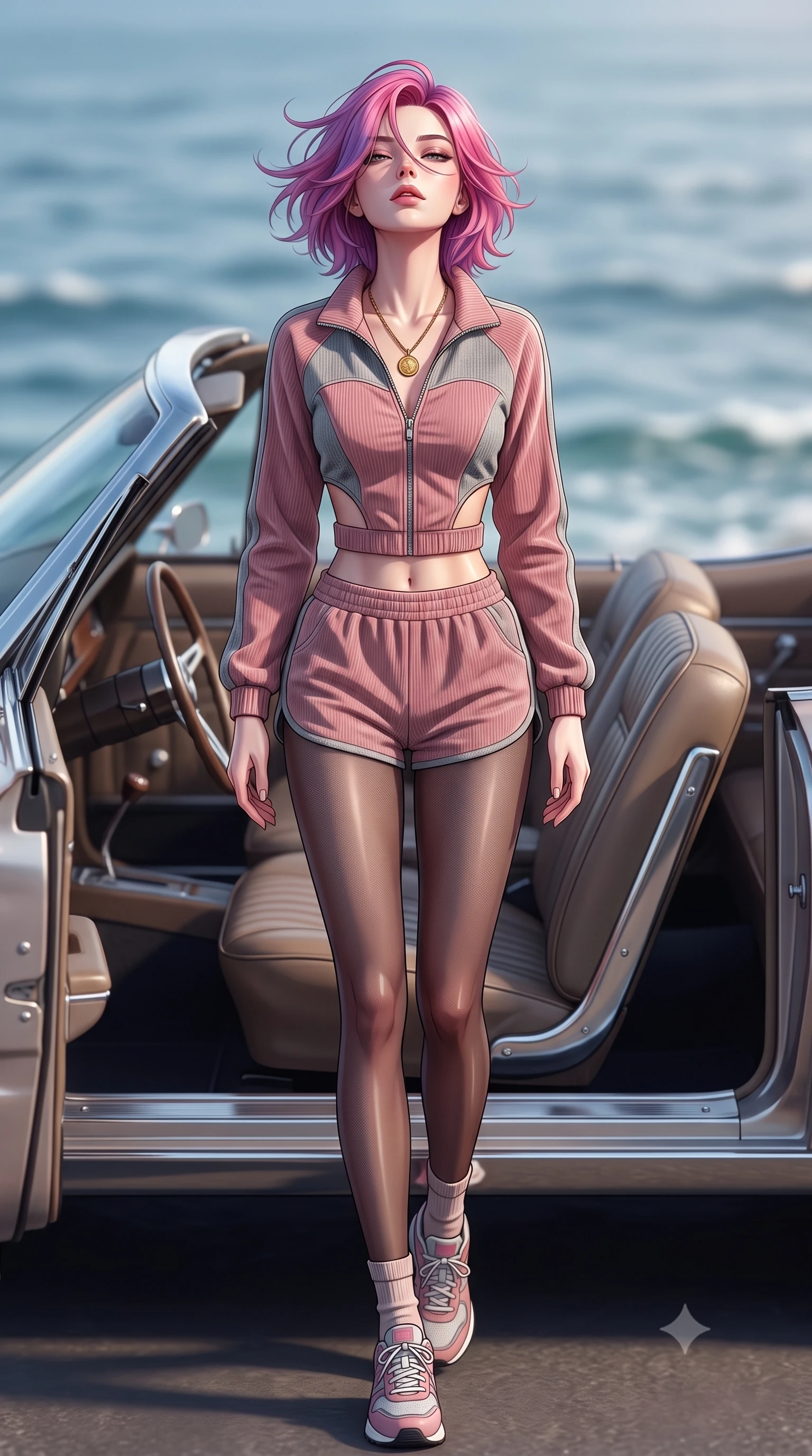 score_9, masterpiece, best quality, ultra-detailed, high-budget anime keyframe, semi-realistic 3D game render, editorial fashion photography, tasteful artistic composition, Caucasian woman. low angle full-body shot from head to toe showing her feet, filling the entire 9:16 vertical frame with her statuesque presence, stretching her vertical silhouette. striding forward in a proud, dynamic supermodel runway stride, her statuesque vertical silhouette commanding the entire frame while sitting on the leather seat of an open-top classic cruiser, head tilted back as ocean breeze tangles her hair. The composition keeps background elements in soft focus with creamy bokeh. vintage car chrome bumpers and coastal water ripples softened in cinematic shallow focus. She has an absolutely perfect, statuesque 8.5-heads proportion, an exceptionally tall and slender model-like female figure with impossibly long slender legs, a toned flat midriff, and an ultra-slim waist. sharp v-shaped jawline, high-bridge nose, intricate jewel-like eyes with depth, thick eyelashes, glossy lips with a natural sheen, captivating and magnetic expression, flawlessly proportioned anatomical accuracy, strict slender model proportions, natural body alignment, perfectly sculpted long slender limbs, ultra-slim waistline, clean dynamic posture without body distortion. wearing a sporty 80s retro track jacket paired with high-waisted dolphin running shorts and tube socks in dusty rose pink and vintage heather grey, tailored from soft fine-wale corduroy with rich velvety texture, accented with a vintage gold coin pendant necklace and dark sheer tights, the precision-cut daring openings accentuating her delicate midriff, graceful bare collarbones, and ultra-slim feminine waistline. illuminated by crisp metallic reflections tracing her ultra-slim waistline, collarbones, and long legs. highly saturated vibrant anime colors, detailed shading with soft gradients, rich glossy textures, high-contrast stereoscopic depth, volumetric dynamic lighting, master piece, 9:16 ratio