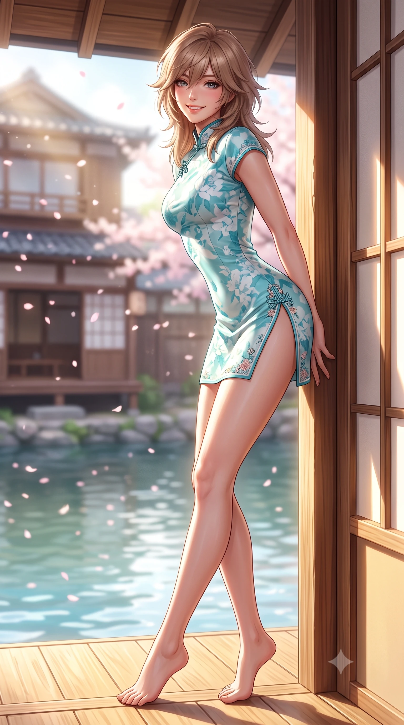 score_9, masterpiece, best quality, ultra-detailed, high-budget anime keyframe, semi-realistic 3D game render, editorial fashion photography, tasteful artistic composition, Japanese woman. low angle full-body shot from head to toe showing her feet, filling the entire 9:16 vertical frame with her statuesque presence, stretching her vertical silhouette. leaning deep against the sunlit architecture with hips cocked back in a cute yet unapologetically alluring high-fashion stance, flashing a warm beaming smile while standing poised on the sun-warmed wooden veranda, twisting her slender torso in an alluring S-curve in the gentle spring river breeze. The composition keeps background elements in soft focus with dreamy creamy bokeh. historic wooden teahouse facades across the water softened in nostalgic Kyoto shallow focus. She has an exceptionally tall and slender model-like 8.5-heads proportion, an ultra-slim waist, a flat toned midriff, narrow delicate ribcage, and beautifully sculpted feminine hips creating a graceful, slim hourglass silhouette without any bulky heaviness, with impossibly long slender legs. sharp v-shaped jawline, high-bridge nose, intricate jewel-like sparkling eyes with depth, thick eyelashes, glossy parted lips with a natural peach sheen, bright cheerful beaming smile with an enchanting and coquettish sensual glint, exuding both youthful cute charm and seductive allure, flawlessly proportioned anatomical accuracy, strict slender model proportions, natural body alignment, perfectly sculpted long slender limbs, ultra-slim waistline, clean dynamic posture without body distortion. wearing a modern cute qipao mini dress with double side slits ascending to the hip in pastel floral silk in ocean turquoise and sea-salt white, crafted from soft cozy cashmere yarn with an airy drape, complemented by delicate embroidered floral trim along the hem, the form-fitting cut adhering flawlessly to her sculpted flat midriff and slender torso, emphasizing her long leg lines and perfectly proportioned willowy build. illuminated by gentle water surface reflections sharply defining her razor-sharp jawline, narrow waist, and curvy hips. highly saturated vibrant anime colors, detailed shading with soft gradients, rich glossy textures, high-contrast stereoscopic depth, volumetric dynamic lighting, master piece, 9:16 ratio