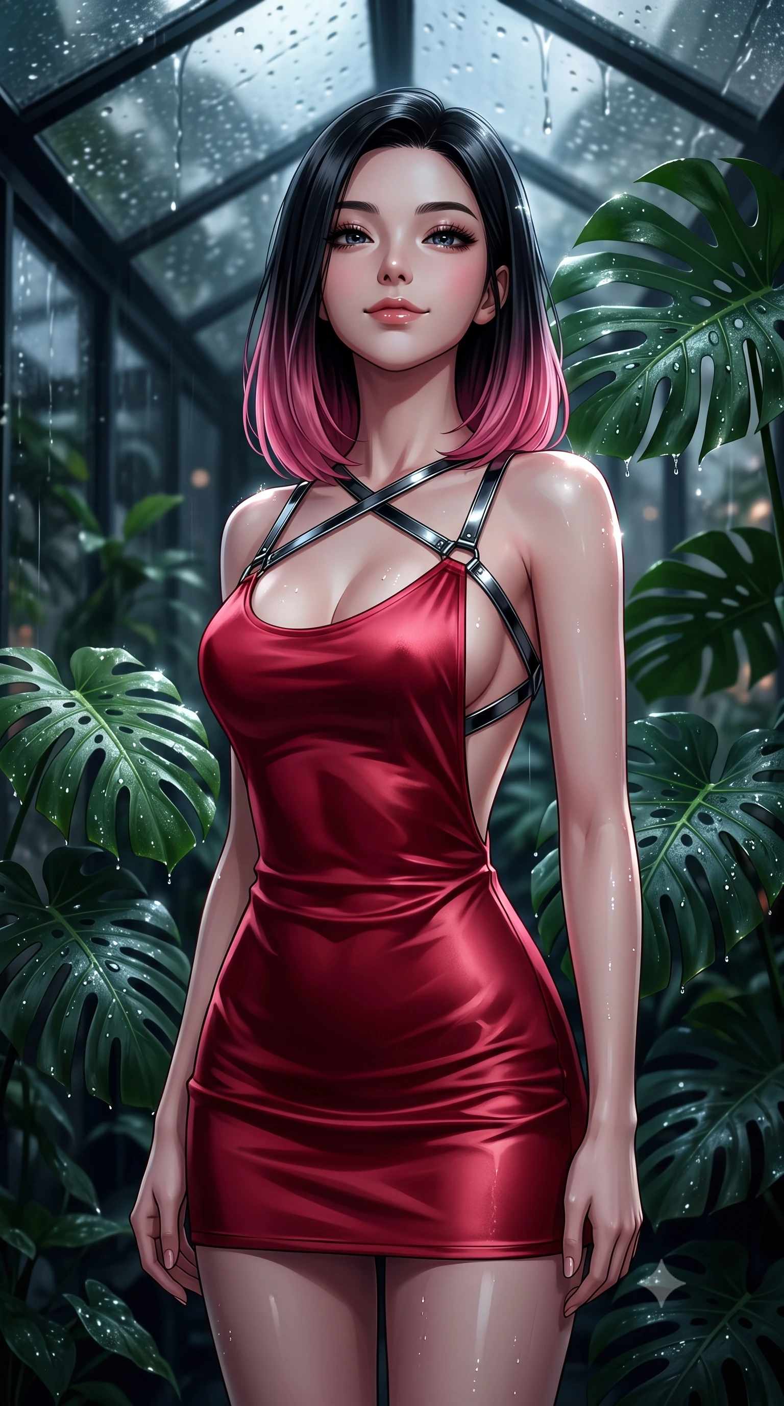 score_9, masterpiece, best quality, ultra-detailed, high-budget anime keyframe, editorial fashion photography, tasteful artistic composition, Korean woman. close-up cowboy shot from the waist and thighs up, the character dominates the composition, filling the frame with her large presence, background elements kept in soft focus. Smiling with quiet, magnetic self-assurance directly into the camera, looking up at the rain-streaked glass ceiling with a calm, composed expression, dewdrops on large tropical monstera leaves catching sharp specular highlights. She has an exceptionally elegant, slender, and willowy female figure with an ultra-slim waist, a gracefully sculpted slender torso, and a refined silhouette. sharp v-shaped jawline, high-bridge nose, intricate jewel-like eyes with depth, thick eyelashes, glossy lips with a natural sheen. wearing dramatically scooped backless dark satin mini dress with criss-cross chrome straps in pitch-black onyx, made of soft crimson satin, highlighted by a gunmetal metallic harness structure, the fitted fabric emphasizing her ultra-slim waist. bathed in wet rain reflections and deep shadowy background contrast. highly saturated vibrant anime colors, detailed shading with soft gradients, rich glossy textures, high-contrast stereoscopic depth, volumetric dynamic lighting, master piece, 9:16 ratio