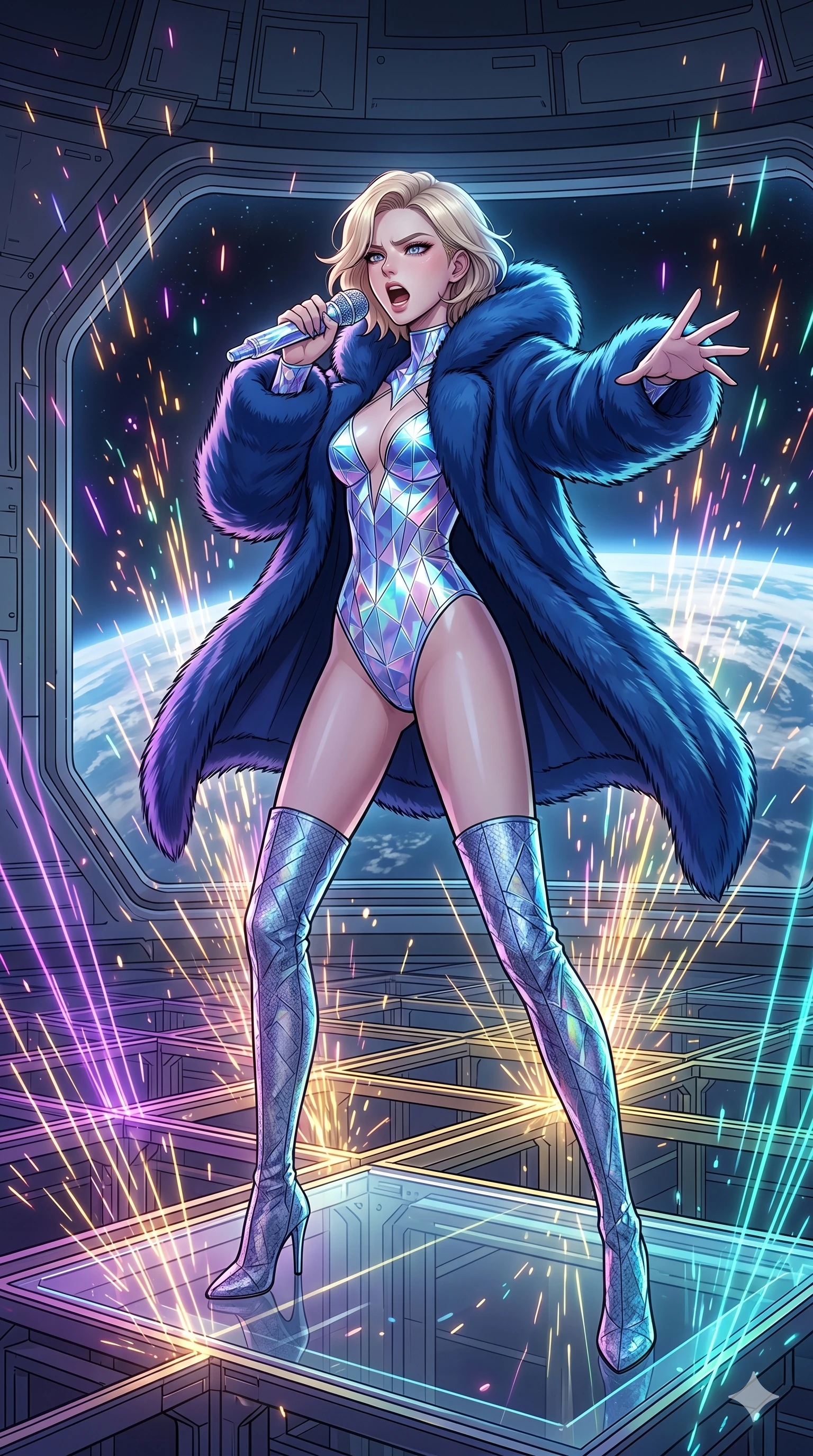 score_9, masterpiece, best quality, ultra-detailed, high-budget anime movie keyframe, cinematic anime lighting, intricate line art, Korean woman. Dynamic full-body shot stretching the vertical silhouette across the 9:16 frame. singing on a laser stage in a futuristic orbital station in a storm of sparks. She has an absolutely perfect 8-heads proportion, an exceptionally tall and slender female figure with an ultra-slim waist and impossibly long slender legs. sharp v-shaped jawline, high-bridge nose, intricate jewel-like eyes, thick eyelashes, glossy lips. Wearing seasonal winter-couture featuring a plush oversized faux-fur coat worn over a skin-tight crystalline leotard and thigh-high stiletto boots. The scene is illuminated by dramatic atmospheric lighting and vibrant color palettes. , 2k, ultra detail, master piece, 9:16 ratio