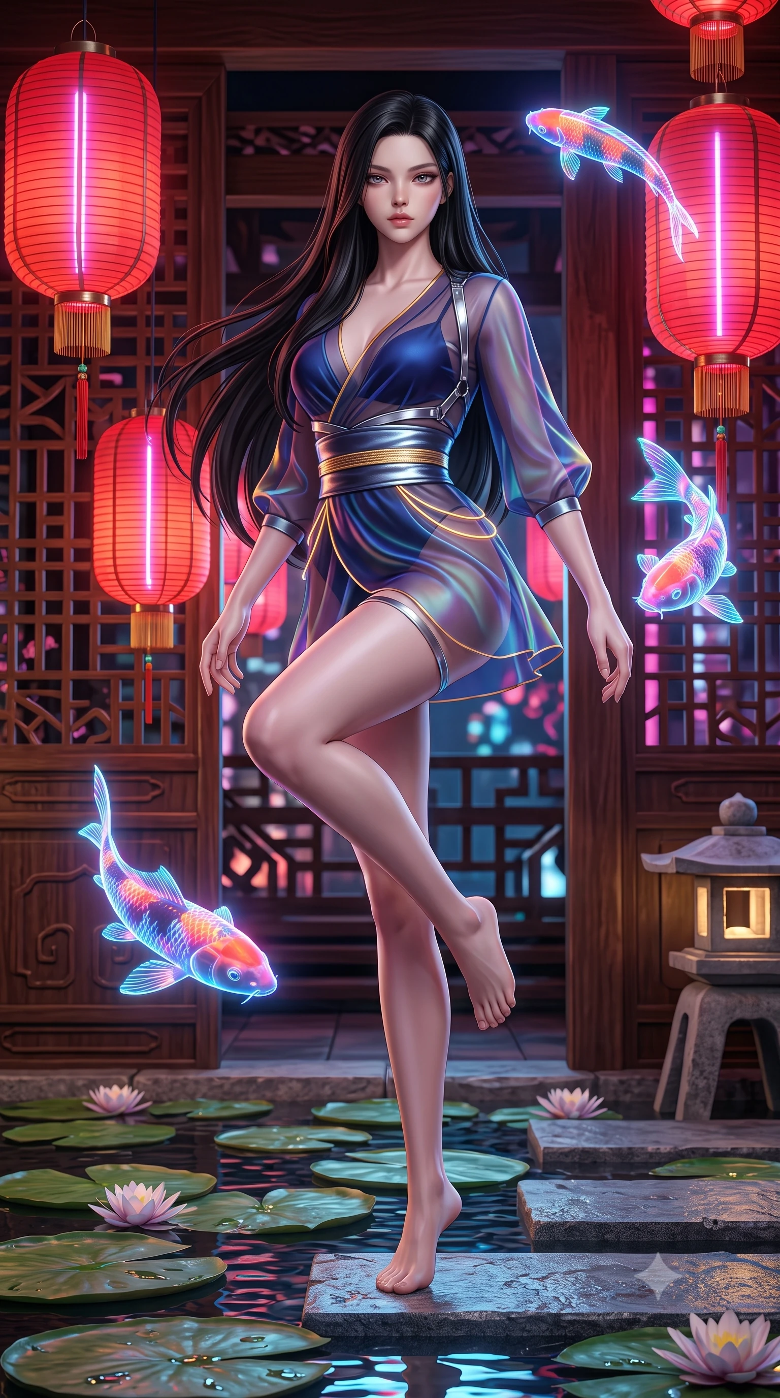 score_9, masterpiece, best quality, ultra-detailed, high-budget anime keyframe, semi-realistic 3D game render, editorial fashion photography, tasteful artistic composition, Korean woman. low angle full-body shot from head to toe showing her feet, filling the entire 9:16 vertical frame with her statuesque presence, stretching her vertical silhouette. performing an alluring mid-air vault with flawless poise, looking directly into the camera with smoldering intensity while pivoting near traditional red paper lanterns that pulse with neon light as holographic koi swim by. The surrounding environment is rendered in vivid detail and crisp panoramic clarity. intricate wooden lattice patterns, floating water lily pads, and stone lanterns in crisp clarity. She has an absolutely perfect, statuesque 8.5-heads proportion, an exceptionally tall and slender model-like female figure with impossibly long slender legs and an ultra-slim waist. sharp v-shaped jawline, high-bridge nose, intricate jewel-like eyes with depth, thick eyelashes, glossy lips with a natural sheen, flawlessly proportioned anatomical accuracy, natural body alignment, perfectly sculpted elegant limbs, clean dynamic posture without body distortion. wearing a shortened cyber-fusion wrap top with transparent chiffon panels, a deep crossover neckline, and a high-waisted metallic sash that accentuates her ultra-slim waist in midnight sapphire blue and glowing gold filaments, made of smooth iridescent silk chiffon that shifts colors with movement, reinforced by a sleek metallic chrome harness and delicate glowing micro-straps, the glove-like fit tightly following every curve of her statuesque athletic build. surrounded by an intimate, exotic, and captivatingly sensual oriental cyber atmosphere. highly saturated vibrant anime colors, detailed shading with soft gradients, rich glossy textures, high-contrast stereoscopic depth, volumetric dynamic lighting, master piece, 9:16 ratio