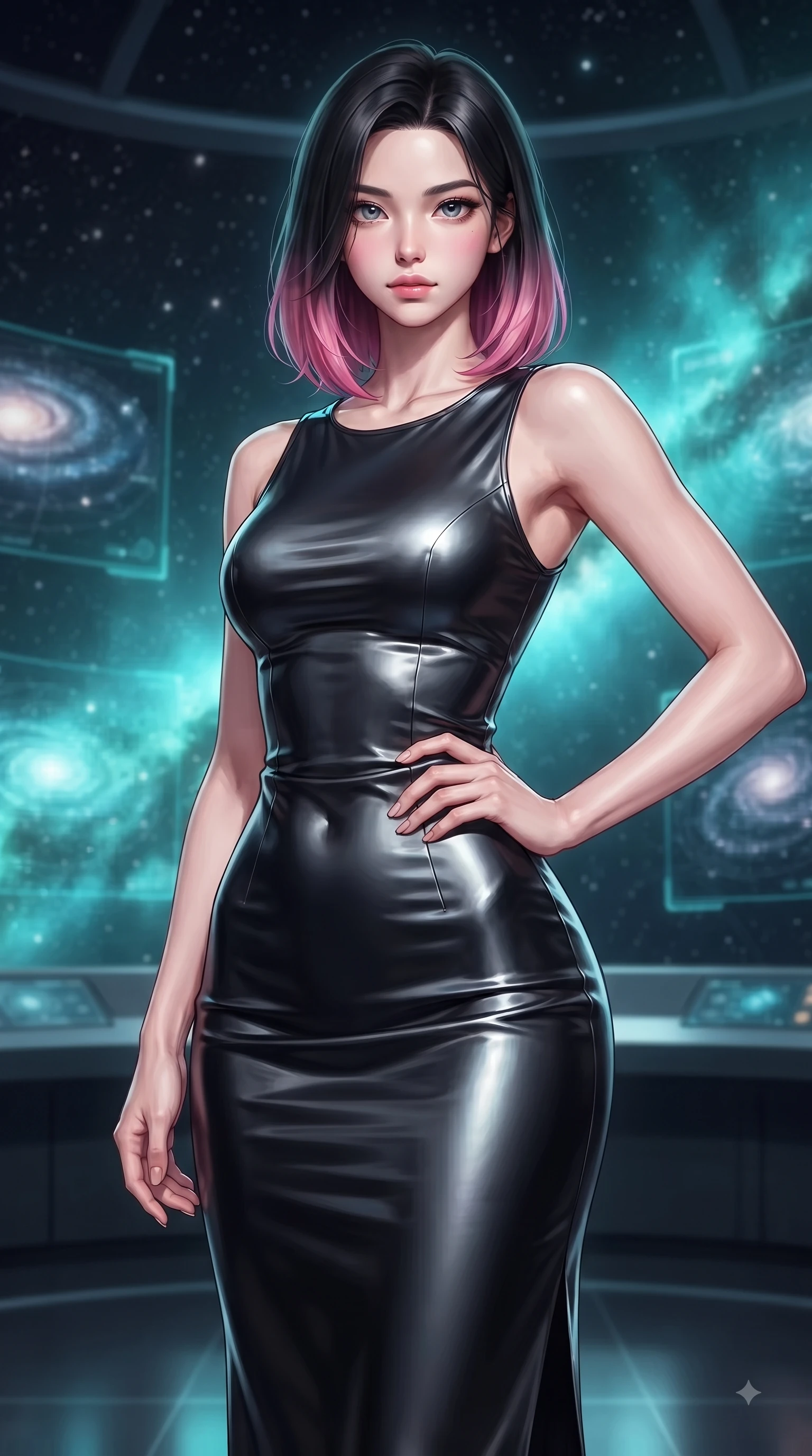 score_9, masterpiece, best quality, ultra-detailed, high-budget anime keyframe, editorial fashion photography, tasteful artistic composition, Korean woman woman. close-up cowboy shot from the waist and thighs up, the character dominates the composition, filling the frame with her large presence, background elements kept in soft focus. She has an exceptionally elegant, slender, and willowy female figure with an ultra-slim waist, a gracefully sculpted slender torso, and a refined silhouette. holding a confident power pose with one hand on her hip, looking directly into the camera with quiet self-assurance, flawlessly proportioned anatomical accuracy, natural body alignment, perfectly sculpted elegant limbs, clean dynamic posture without body distortion. set against a soft-focus background of a panoramic star observatory deck with floating galaxy maps. wearing a sleek obsidian liquid silk midi dress with a tight tailored waistline. bathed in starlight and cosmic turquoise nebula glow wrapping her athletic build. ultra-reflective glossy finish, specular highlights, metallic sheen, high-contrast stereoscopic depth, volumetric dynamic lighting, 2k, ultra detail, master piece, 9:16 ratio