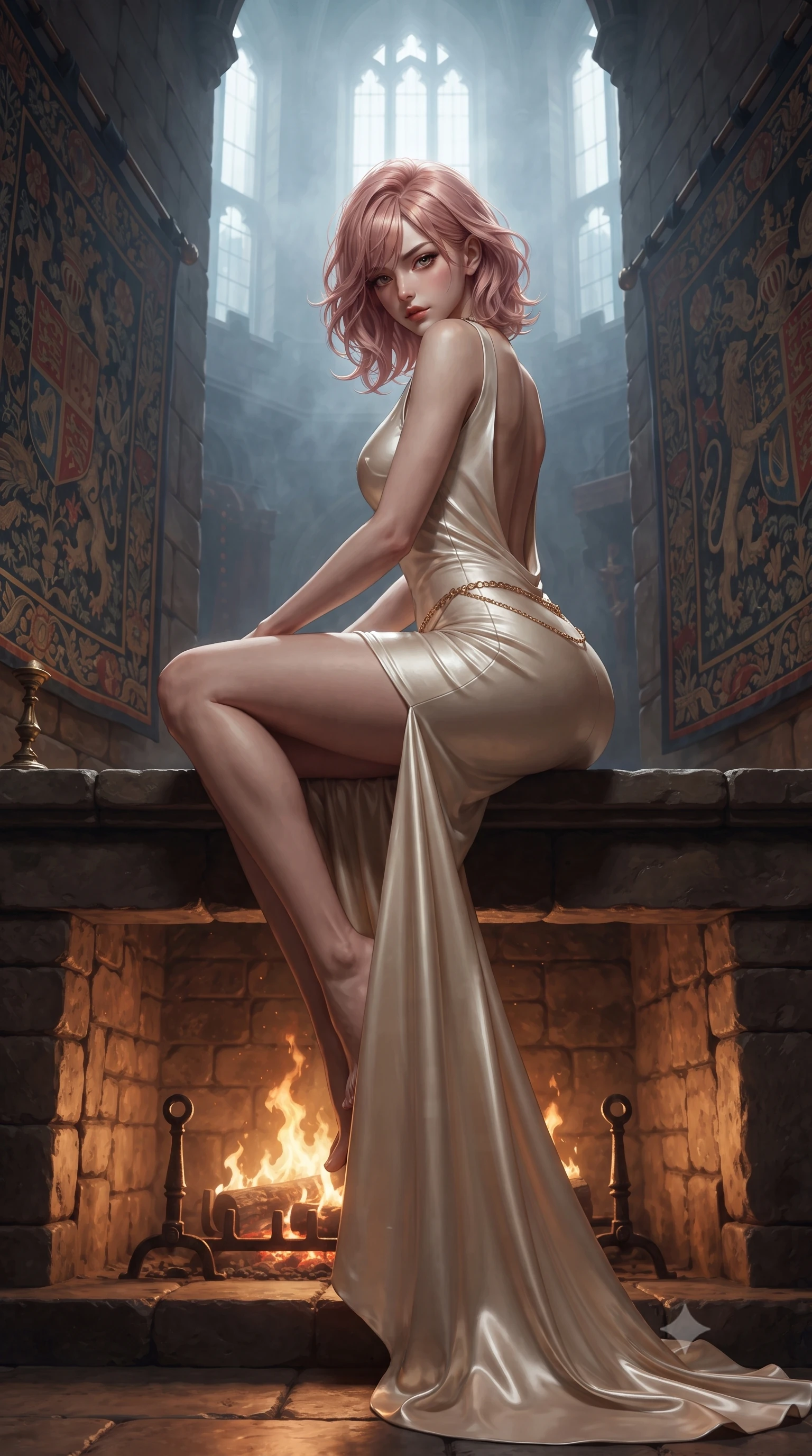 score_9, masterpiece, best quality, ultra-detailed, high-budget anime keyframe, editorial fashion photography, tasteful artistic composition, Japanese woman. low angle full-body shot from head to toe showing her feet, filling the entire 9:16 vertical frame with her statuesque presence, stretching her vertical silhouette. sitting perched on the elevated edge with hips angled toward the camera and legs crossed, displaying her toned midriff and flawlessly sculpted slender limbs while standing poised between towering medieval armorial tapestries, twisting her slender torso in a deep contrapposto stance with smoldering bedroom-eyes. The surrounding environment is rendered in vivid detail and crisp panoramic clarity. rich high-contrast Scottish heritage chiaroscuro and atmospheric ancient fortress romance rendered with precision. She has an exceptionally tall and slender model-like 8.5-heads proportion, an ultra-slim waist, a flat toned midriff, narrow delicate ribcage, and beautifully sculpted feminine hips creating a graceful, slim hourglass silhouette without any bulky heaviness, with impossibly long slender legs. sharp v-shaped jawline, high-bridge nose, intricate jewel-like eyes with depth, thick eyelashes, glossy parted lips with a natural sheen, intensely captivating and seductive bedroom-eyes expression, flawlessly proportioned anatomical accuracy, strict slender model proportions, natural body alignment, perfectly sculpted long slender limbs, ultra-slim waistline, clean dynamic posture without body distortion. wearing a sculptured liquid-satin mermaid gown with an ultra-deep cowl back descending to the base of her spine in vintage champagne ivory and delicate rose gold, formed from supple second-skin lambskin leather with specular sheen, accented with a delicate gold chain belt resting loosely on her curvy hips, the liquid-tight tailored fabric clinging flawlessly to her narrow waist and rounded feminine hips, emphasizing every millimeter of her sculpted slim hourglass curves without any bulky heaviness. bathed in roaring stone hearth firelight from below and cool misty daylight streaming from towering castle windows. ultra-reflective glossy finish, specular highlights, rich textural contrasts, high-contrast stereoscopic depth, volumetric dynamic lighting, 2k, ultra detail, master piece, 9:16 ratio