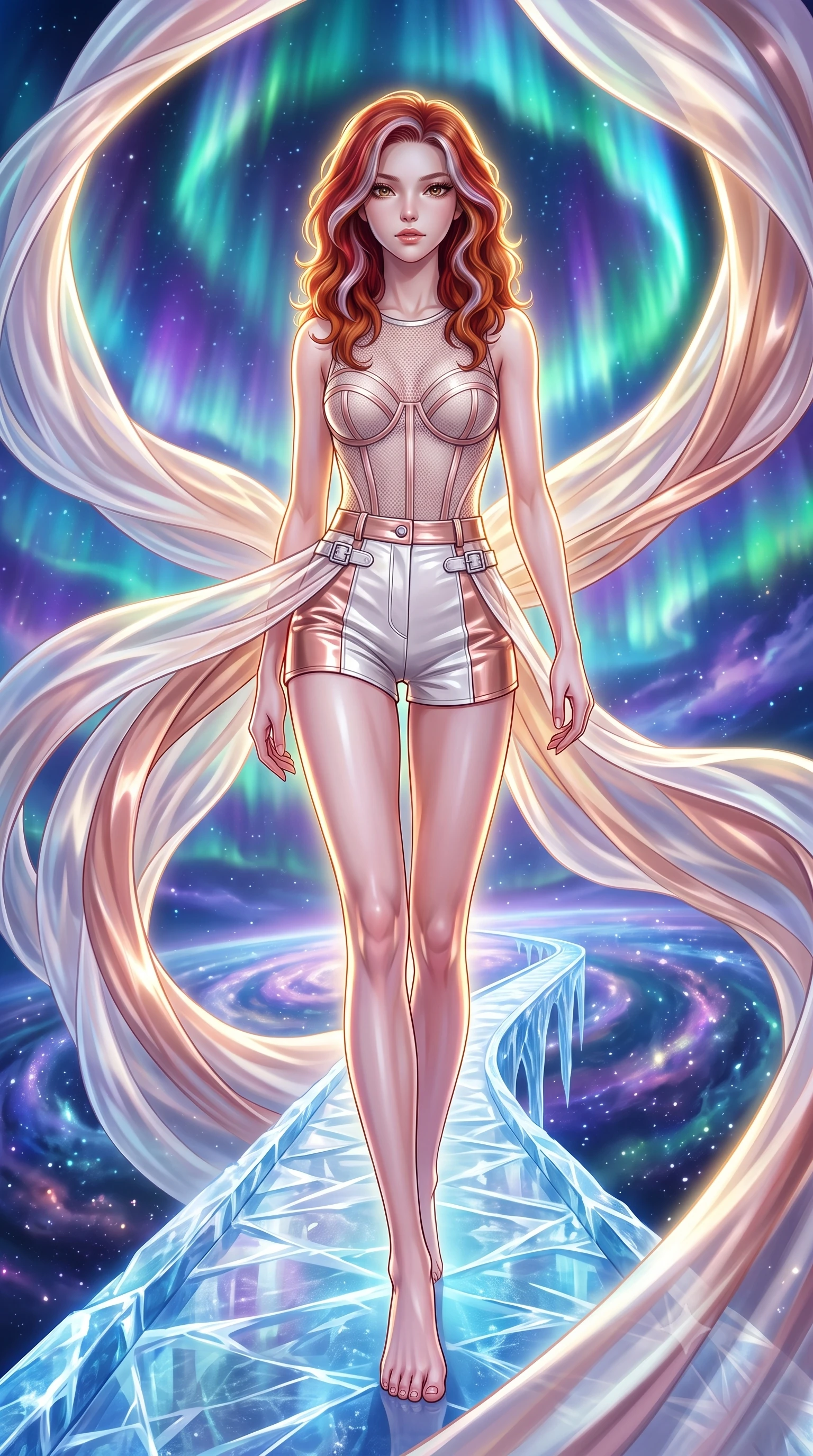 score_9, masterpiece, best quality, ultra-detailed, high-budget anime keyframe, editorial fashion photography, tasteful artistic composition, Caucasian woman. low angle full-body shot from head to toe showing her feet, filling the entire 9:16 vertical frame with her statuesque presence, stretching her vertical silhouette. stepping forward in a proud dynamic stride, her vertical silhouette filling the frame with statuesque presence while stepping forward with proud posture along a crystalline bridge under a cosmic aurora, translucent silk drapes swirling in a dynamic cosmic wind vortex. She has an absolutely perfect, statuesque 8.5-heads proportion, an exceptionally tall and slender model-like female figure with impossibly long slender legs and an ultra-slim waist. sharp v-shaped jawline, high-bridge nose, intricate jewel-like eyes with depth, thick eyelashes, glossy lips with a natural sheen, flawlessly proportioned anatomical accuracy, natural body alignment, perfectly sculpted elegant limbs, clean dynamic posture without body distortion. wearing a delicate see-through mesh top with structured cup boning and micro-shorts in pearl white and rose gold, tailored from high-gloss patent leather, detailed with polished silver buckles along the waistline, the sleek second-skin texture accentuating her magnetic presence. surrounded by a divine cosmic aura with bright golden specular rim lights. highly saturated vibrant anime colors, detailed shading with soft gradients, rich glossy textures, high-contrast stereoscopic depth, volumetric dynamic lighting, master piece, 9:16 ratio