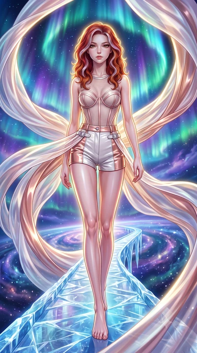 score_9, masterpiece, best quality, ultra-detailed, high-budget anime keyframe, editorial fashion photography, tasteful artistic composition, Caucasian woman. low angle full-body shot from head to toe showing her feet, filling the entire 9:16 vertica