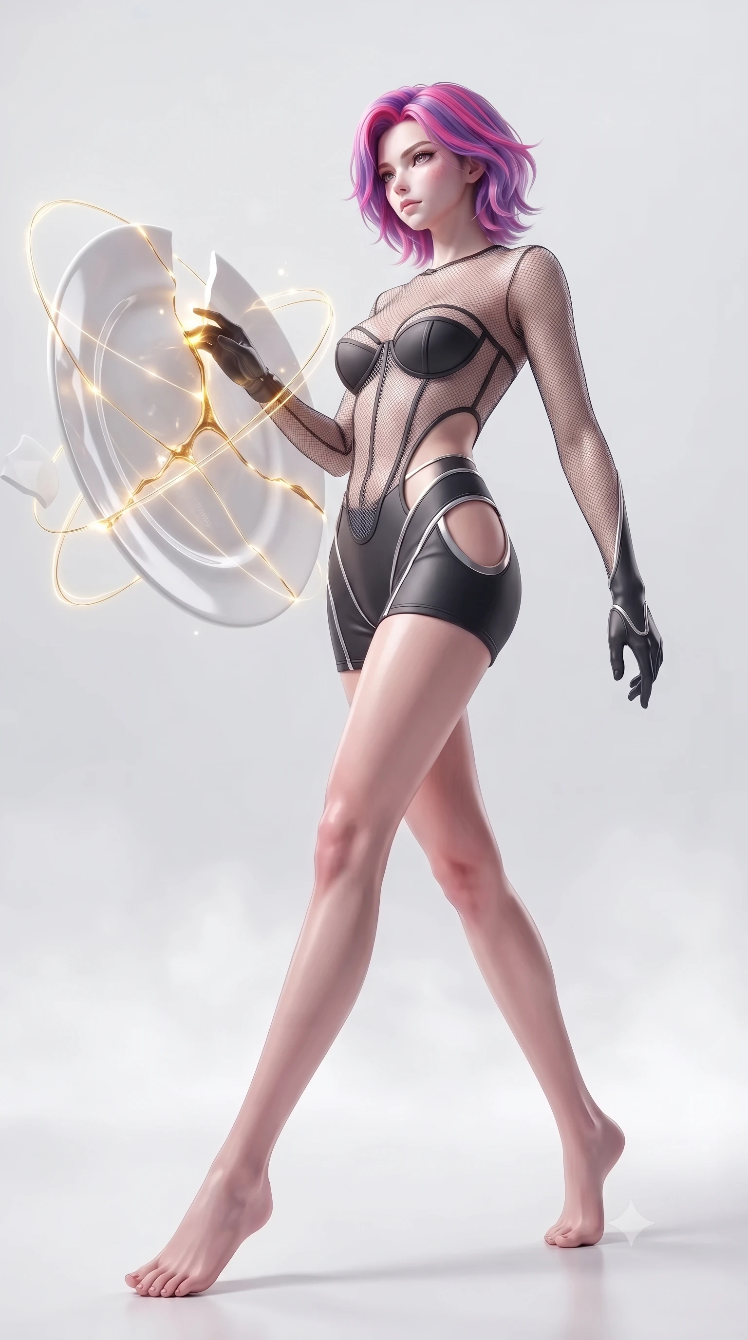 score_9, masterpiece, best quality, ultra-detailed, high-budget anime keyframe, editorial fashion photography, tasteful artistic composition, Caucasian woman. low angle full-body shot from head to toe showing her feet, filling the entire 9:16 vertical frame with her statuesque presence, stretching her vertical silhouette. stepping forward in a proud dynamic stride, her vertical silhouette filling the frame with statuesque presence while reaching her arm forward to touch a glowing gold kintsugi seam uniting broken ceramic plates, golden light threads binding broken ceramic pieces in dynamic orbital motion. She has an absolutely perfect, statuesque 8.5-heads proportion, an exceptionally tall and slender model-like female figure with impossibly long slender legs and an ultra-slim waist. sharp v-shaped jawline, high-bridge nose, intricate jewel-like eyes with depth, thick eyelashes, glossy lips with a natural sheen, flawlessly proportioned anatomical accuracy, natural body alignment, perfectly sculpted elegant limbs, clean dynamic posture without body distortion. wearing a delicate see-through mesh top with structured cup boning and micro-shorts in matte black and polished silver, formed from sleek second-skin neoprene, featuring clean architectural cutouts along her slender torso, the glove-like fit emphasizing her statuesque silhouette during motion. surrounded by a majestic inner radiance highlighting glossy white porcelain. ultra-reflective glossy finish, specular highlights, metallic sheen, high-contrast stereoscopic depth, volumetric dynamic lighting, 2k, ultra detail, master piece, 9:16 ratio