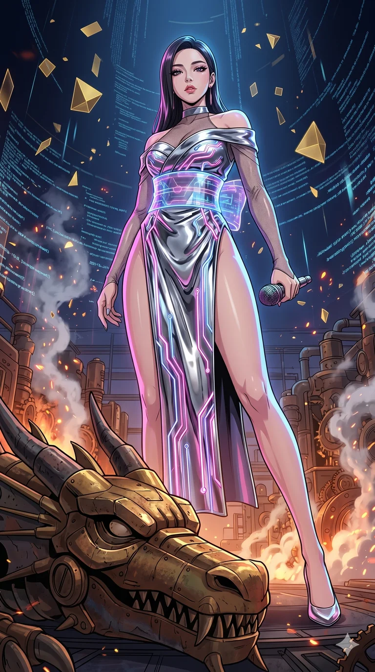 score_9, masterpiece, best quality, ultra-detailed, High-budget Anime Keyframe, vibrant colors, fluid line-art, expressive lighting, cinematic composition, Ufotable-style visual effects, top-tier animation quality, Korean woman with idol-like refined features. Dynamic full-body shot stretching the vertical silhouette, capturing her from a powerful low-angle perspective. Staring down a colossal mechanical dragon within a sprawling steampunk workshop, steam and embers filling the air. She has an absolutely perfect 8-heads proportion, an exceptionally tall and slender female figure with impossibly long slender legs and an ultra-slim waist, her statuesque height and towering silhouette dominating the vertical 9:16 frame. Her face is a masterpiece featuring a sharp v-shaped jawline, high-bridge nose, intricate jewel-like eyes with depth, thick eyelashes, and glossy lips with a natural sheen. She is wearing a High-slit tech-kimono with holographic obi and integrated neon-lit circuitry patterns crafted from Molten liquid mercury that flows and reflects the environment with metallic perfection, with sheer fabric transparency over her delicate curves and a high-cut silhouette. The scene is set in an abstract digital void with floating golden geometric shapes and rivers of flowing code, illuminated by harsh neon light and deep shadows creating a high-contrast noir aesthetic. 2k, ultra detail, master piece, 9:16 ratio