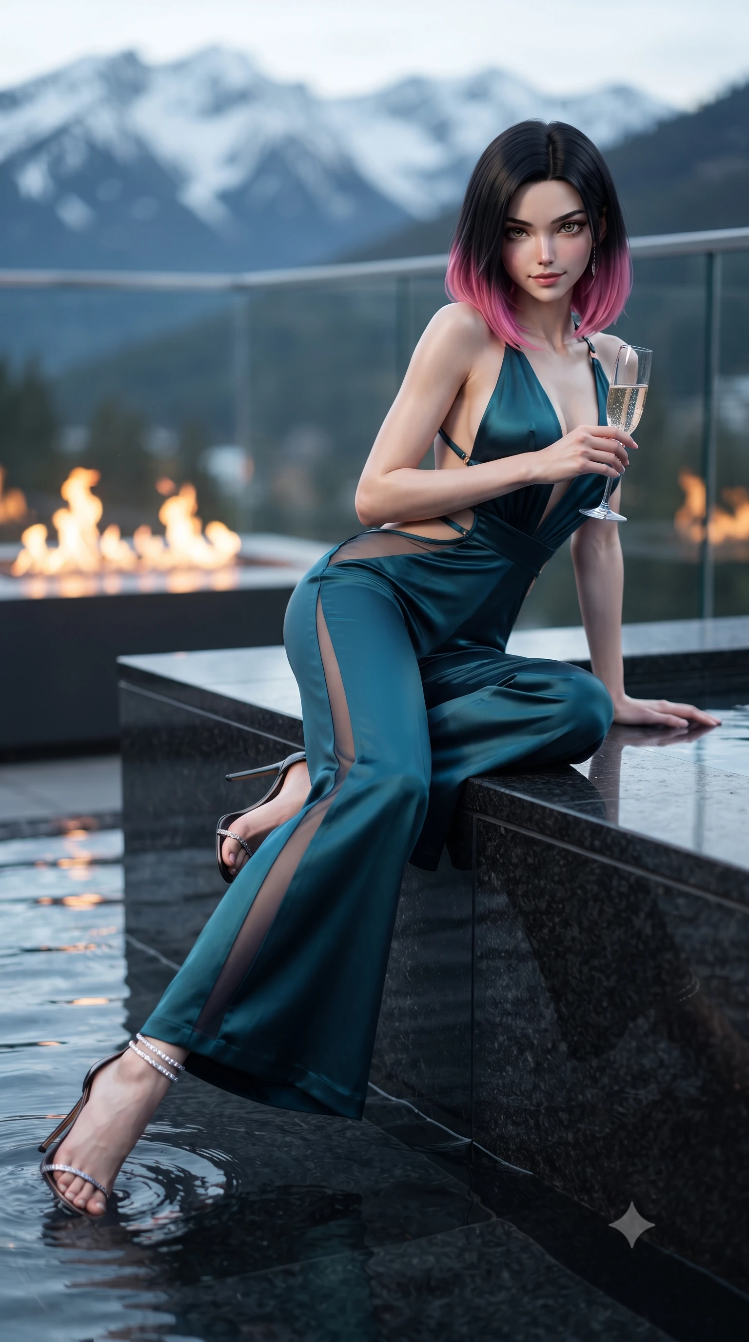 score_9, masterpiece, best quality, ultra-detailed, high-budget anime keyframe, editorial fashion photography, tasteful artistic composition, Korean woman. low angle full-body shot from head to toe showing her feet, filling the entire 9:16 vertical frame with her statuesque presence, stretching her vertical silhouette. leaning deep against the balcony balustrade with hips cocked back in an unapologetically alluring high-fashion stance, casting an intoxicating glance while sitting perched on the black granite pool rim with water lapping at her calves, holding a crystal champagne glass with effortless sovereign cool. The background shows a soft-focus flickering natural gas fire pit flames, floating glass pavilion walls, and distant snow-capped alpine peaks blurred into molten amber, obsidian, and starlight bokeh. She has an absolutely perfect, statuesque 8.5-heads proportion, an exceptionally tall and slender model-like female figure with impossibly long slender legs, an ultra-slim waist, a flat toned midriff, narrow delicate ribcage, and beautifully sculpted feminine hips creating a graceful, slim hourglass silhouette without any bulky heaviness. sharp v-shaped jawline, high-bridge nose, sparkling eyes with hypnotic seductive depth, thick curled eyelashes, glossy parted lips with a natural dewy peach sheen, alluring bedroom-eyes with an enchanting coquettish smile, exuding magnetic siren charisma and sophisticated glamour, flawlessly proportioned anatomical accuracy, strict slender model proportions, natural body alignment, perfectly sculpted long slender limbs, ultra-slim waistline, clean dynamic posture without body distortion. wearing a backless plunge-front silk satin jumpsuit with fluid wide-leg silhouette and side hip cutouts in deep peacock teal and burnished antique brass, made of semi-opaque stretch illusion mesh with soft shadowy contours, complemented by strappy stiletto sandals with crystal ankle wraps accentuating her slender calves, the glove-like clinging cut tightly following the natural contour of her hips and long slender legs with youthful 8.5-heads elegance. illuminated by water reflection caustics and sharp platinum-gold rim lights sculpting her razor-sharp jawline, narrow waist, and curvy hips. ultra-reflective glossy finish, specular highlights, rich textural contrasts, high-contrast stereoscopic depth, volumetric dynamic lighting, 2k, ultra detail, master piece, 9:16 ratio