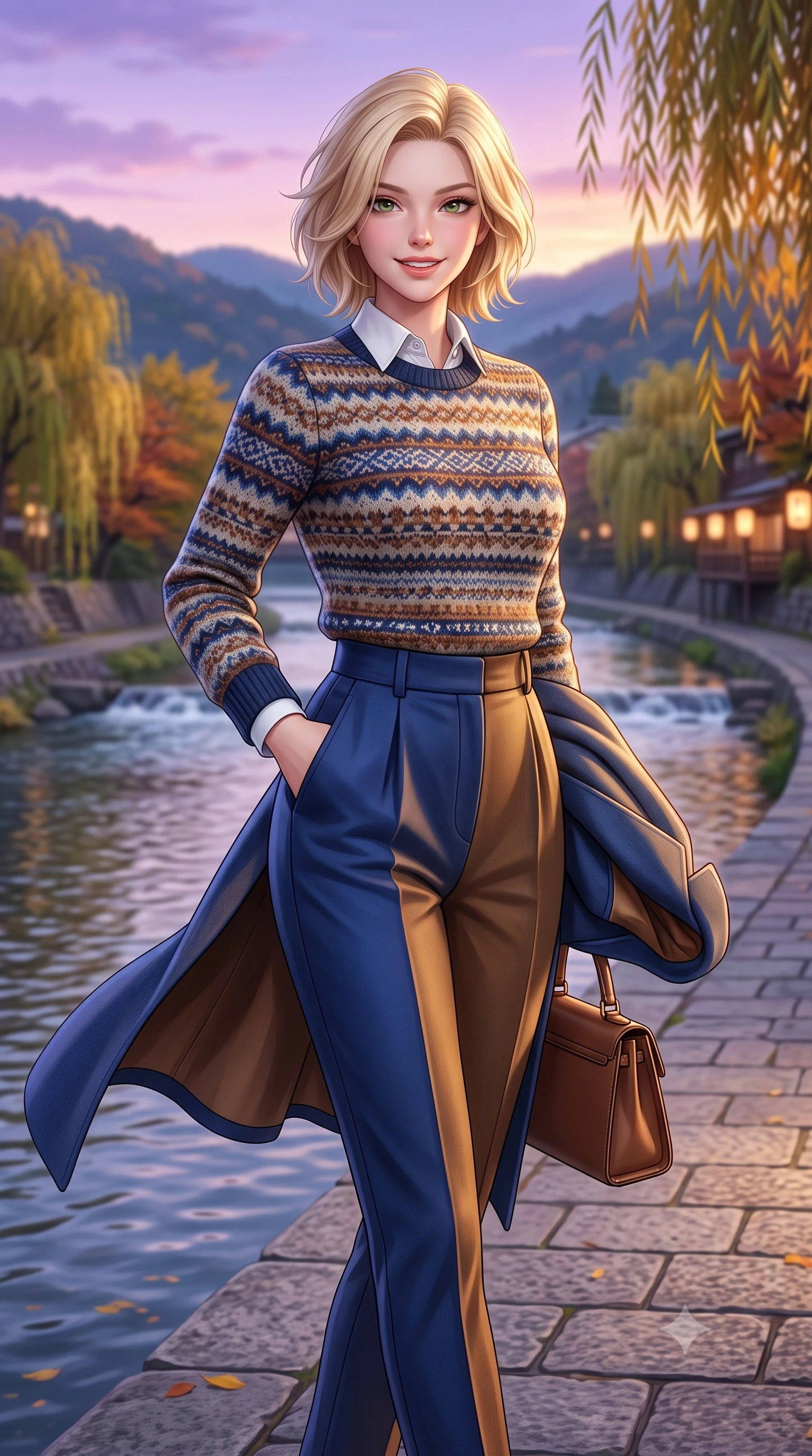score_9, masterpiece, best quality, ultra-detailed, high-budget anime keyframe, semi-realistic 3D game render, editorial fashion photography, tasteful artistic composition, Caucasian woman. close-up cowboy shot from the waist and thighs up, the character dominates the composition, filling the frame with her large presence. standing poised with one hand slipped into her tailored trouser pocket, head tilted in a friendly, engaging expression while walking along the riverside stone promenade with poised strides, her wool coat billowing softly in the river current breeze. The background shows a soft-focus clear flowing Kamogawa river waters, weeping willow trees turning gold along riverbanks, and distant Higashiyama hills blurred into indigo, golden olive, and slate bokeh. She has an exceptionally elegant, slender, and willowy female figure with an ultra-slim waist, flat toned midriff, narrow ribcage, and sculpted feminine hips creating an alluring, slim hourglass silhouette without bulk. sharp v-shaped jawline, high-bridge nose, intricate jewel-like sparkling eyes with depth, thick eyelashes, glossy parted lips with a natural peach sheen, bright cheerful beaming smile with an enchanting and coquettish sensual glint, exuding both youthful cute charm and seductive allure, flawlessly proportioned anatomical accuracy, strict slender model proportions, natural body alignment, perfectly sculpted long slender limbs, ultra-slim waistline, clean dynamic posture without body distortion. wearing a Fair Isle patterned lambswool knit sweater layered over an Oxford button-down shirt with pleated wool trousers in royal sapphire blue and antique brushed bronze, made of crisp Egyptian cotton poplin with pristine tailored pressing, finished with a structured leather top-handle mini bag resting gracefully at her side, the precision-cut high-waisted tailoring accentuating her ultra-slim waist and long slender leg line with immaculate aristocratic poise. bathed in the soft purple-gold twilight glow of autumn sunset over the Higashiyama mountains mixed with warm paper lantern lights. highly saturated vibrant anime colors, detailed shading with soft gradients, rich glossy textures, high-contrast stereoscopic depth, volumetric dynamic lighting, master piece, 9:16 ratio