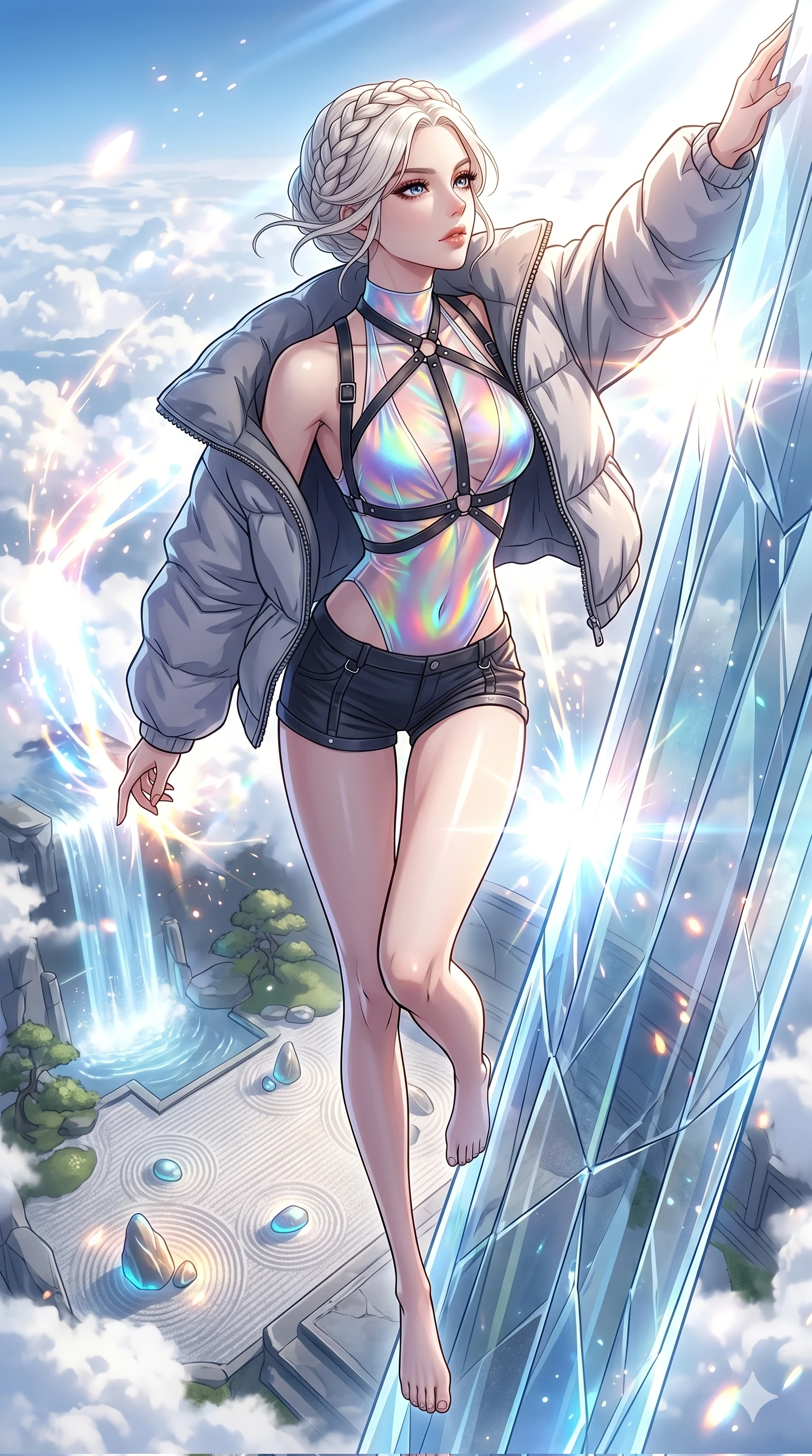 score_9, masterpiece, best quality, ultra-detailed, High-budget Anime Keyframe, vibrant colors, fluid line-art, expressive lighting, cinematic composition, Ufotable-style visual effects, top-tier animation quality, Korean woman with idol-like refined features. Dynamic full-body shot stretching the vertical silhouette, capturing her from a powerful low-angle perspective. Climbing a crystalline spire of glass in a futuristic ruin, the clouds passing below her as she reaches for the summit. She has an absolutely perfect 8-heads proportion, an exceptionally tall and slender female figure with impossibly long slender legs and an ultra-slim waist, her statuesque height and towering silhouette dominating the vertical 9:16 frame. Her face is a masterpiece featuring a sharp v-shaped jawline, high-bridge nose, intricate jewel-like eyes with depth, thick eyelashes, and glossy lips with a natural sheen. She is wearing a Oversized puffer jacket worn over a micro-shorts and harness set, unzipped to reveal her chest crafted from Holographic chiffon that changes color with every movement, creating a rainbow effect, with sheer fabric transparency over her delicate curves and a high-cut silhouette. The scene is set in a serene Zen garden with metallic sand, glowing stones, and a holographic waterfall, illuminated by intense energy flares from her powers illuminating the scene with brilliant light. 2k, ultra detail, master piece, 9:16 ratio