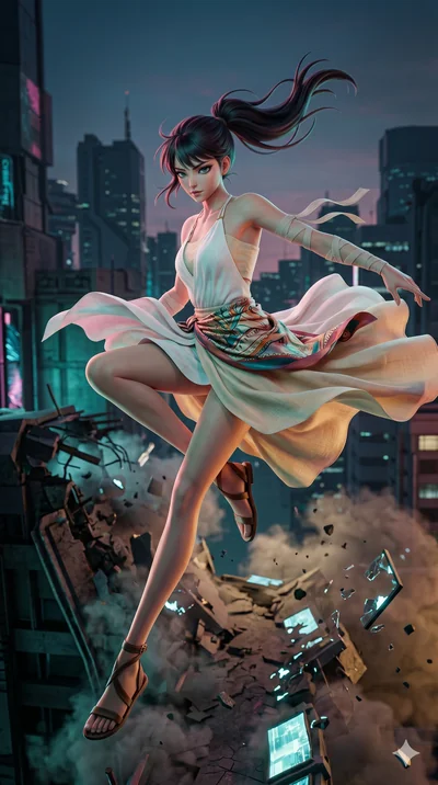 score_9, masterpiece, best quality, ultra-detailed, semi-realistic 3D game render, high-fidelity textures, Unreal Engine 5 style, Korean woman. Mid-air action shot capturing a graceful twist and vertical silhouette. looking back at a trail of destruc