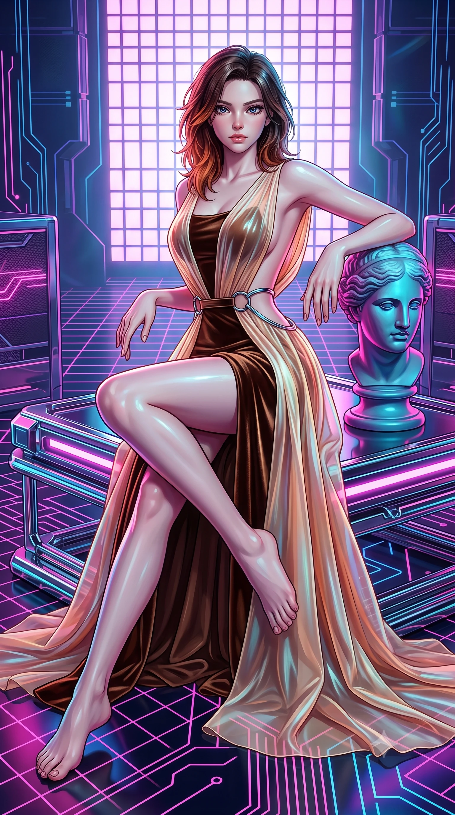 score_9, masterpiece, best quality, ultra-detailed, high-budget anime keyframe, editorial fashion photography, tasteful artistic composition, Korean woman. low angle full-body shot from head to toe showing her feet, filling the entire 9:16 vertical frame with her statuesque presence, stretching her vertical silhouette. forging dynamically through the scene with her long slender legs and ultra-slim waist creating a sweeping S-curve while lounging dynamically on a chrome platform beside a classical marble bust statue in neon light, lo-fi synthwave grid patterns running across floor and ceiling in neon pink. She has an absolutely perfect, statuesque 8.5-heads proportion, an exceptionally tall and slender model-like female figure with impossibly long slender legs and an ultra-slim waist. sharp v-shaped jawline, high-bridge nose, intricate jewel-like eyes with depth, thick eyelashes, glossy lips with a natural sheen, flawlessly proportioned anatomical accuracy, natural body alignment, perfectly sculpted elegant limbs, clean dynamic posture without body distortion. wearing a translucent iridescent chiffon gown with a plunging neckline and open back in espresso brown and warm cream, made of premium stretch velvet with a rich sheen, accented with delicate chrome ring hardware framing her waist, the elegant draped fit framing her graceful clavicle and slender torso. illuminated by retro lo-fi backlighting and brilliant liquid speculars. highly saturated vibrant anime colors, detailed shading with soft gradients, rich glossy textures, high-contrast stereoscopic depth, volumetric dynamic lighting, master piece, 9:16 ratio