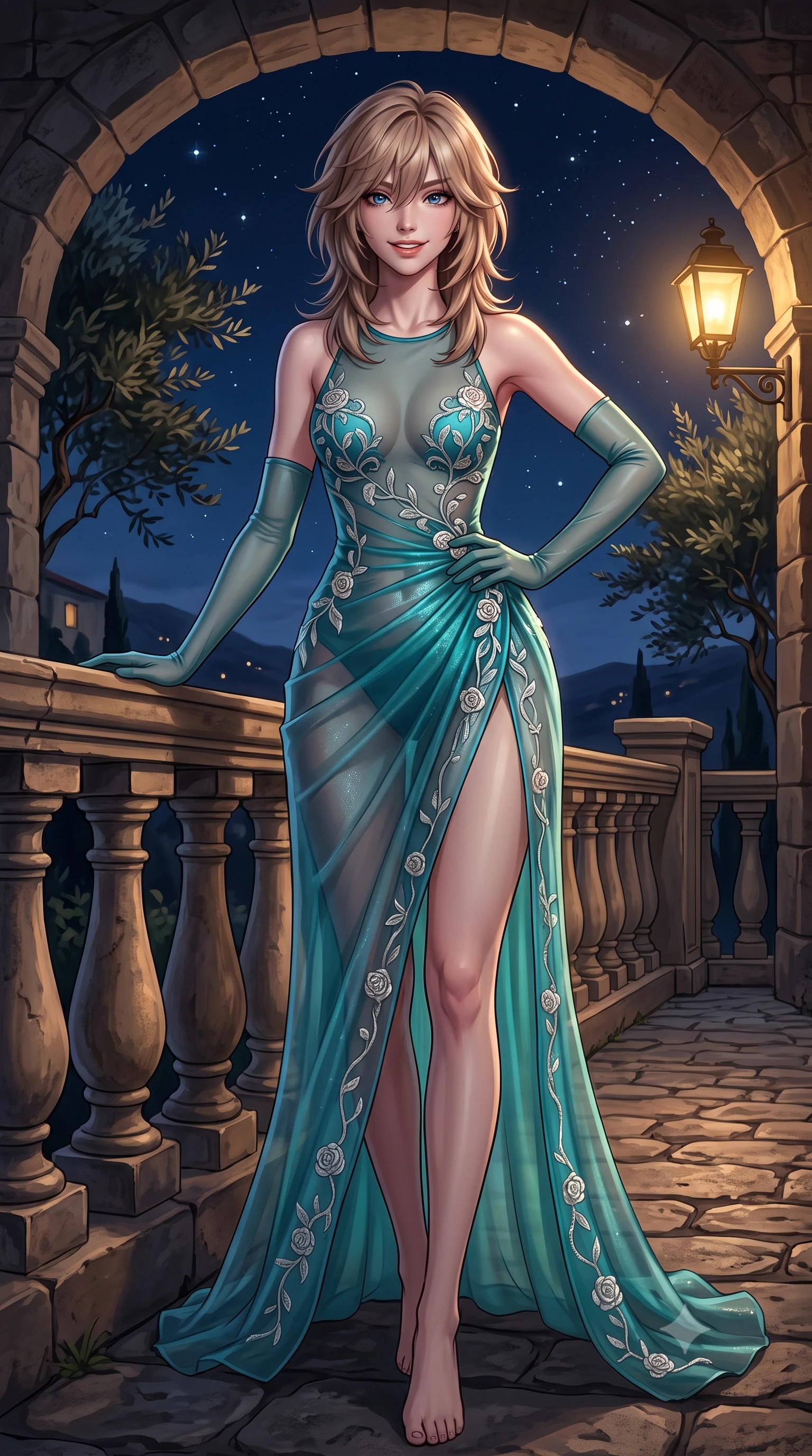 score_9, masterpiece, best quality, ultra-detailed, high-budget anime keyframe, semi-realistic 3D game render, editorial fashion photography, tasteful artistic composition, Japanese woman. low angle full-body shot from head to toe showing her feet, filling the entire 9:16 vertical frame with her statuesque presence, stretching her vertical silhouette. leaning deep against the balcony balustrade with hips cocked back in an unapologetically alluring high-fashion stance, casting an intoxicating glance while standing poised on the cobblestone rampart walkway beneath centuries-old stone arches, arching her lower back as nocturnal Mediterranean breezes rustle gnarled olive trees. The surrounding environment is rendered in vivid detail and crisp panoramic clarity: detailed garment drape, silhouette contours, and historic Provençal stonecraft in razor-sharp precision. She has an exceptionally tall and slender model-like 8.5-heads proportion, an ultra-slim waist, a flat toned midriff, narrow delicate ribcage, and beautifully sculpted feminine hips creating a graceful, slim hourglass silhouette without any bulky heaviness, with impossibly long slender legs. sharp v-shaped jawline, high-bridge nose, intricate jewel-like sparkling eyes with depth, thick eyelashes, glossy parted lips with a natural peach sheen, bright cheerful beaming smile with an enchanting and coquettish sensual glint, exuding both youthful cute charm and seductive allure, flawlessly proportioned anatomical accuracy, strict slender model proportions, natural body alignment, perfectly sculpted long slender limbs, ultra-slim waistline, clean dynamic posture without body distortion. wearing a provocative sheer noir illusion mesh cocktail dress with embroidered climbing ivy ribbons contouring her curves in Sentosa tropical coral reef teal and pure iridescent pearl, crafted from translucent silk organza with an ethereal crystalline sheen, complemented by sheer opera-length evening gloves tracing her slender arms, the high-slit wrap tailoring accentuating her ultra-slim waistline and the enchanting curve of her feminine hips with alluring seductive charm. bathed in the romantic amber 2200K gas lantern glow contrasted with deep midnight sky and starlight. highly saturated vibrant anime colors, detailed shading with soft gradients, rich glossy textures, high-contrast stereoscopic depth, volumetric dynamic lighting, master piece, 9:16 ratio