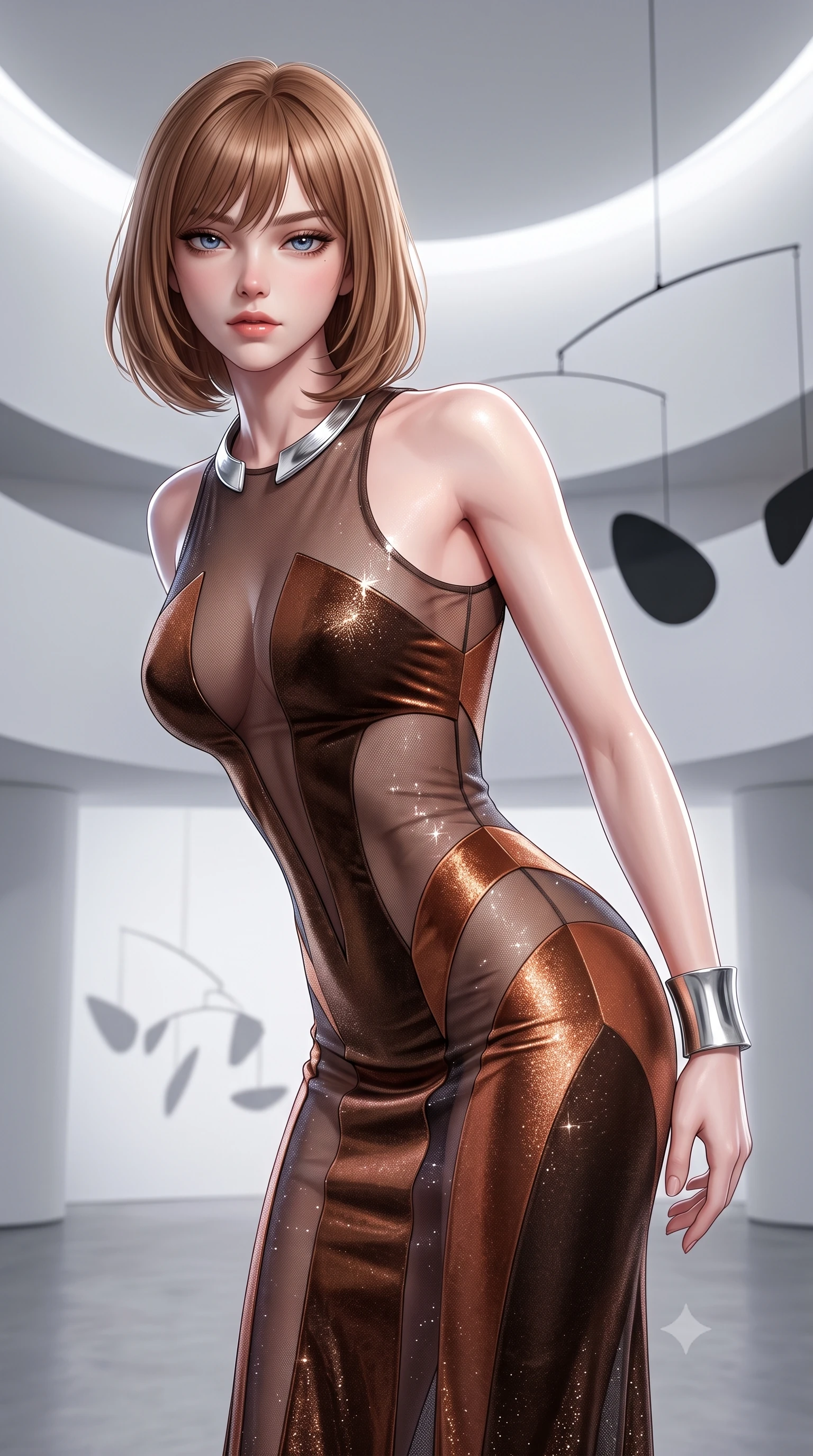 score_9, masterpiece, best quality, ultra-detailed, high-budget anime keyframe, semi-realistic 3D game render, editorial fashion photography, tasteful artistic composition, Caucasian woman. close-up cowboy shot from the waist and thighs up, the character dominates the composition, filling the frame with her large presence. leaning forward while arching her lower back to accentuate her curvy hips, looking into the camera with an intoxicating smoldering gaze and bedroom-eyes while twisting her slender torso in an alluring S-curve, shadows of the floating kinetic mobile tracing her narrow waist and rounded hips. The surrounding environment is rendered in vivid detail and crisp panoramic clarity: detailed liquid jersey column dress drape, silver bangle shine, and modernist museum geometry in high resolution. She has an exceptionally elegant, slender, and willowy female figure with an ultra-slim waist, flat toned midriff, narrow ribcage, and sculpted feminine hips creating an alluring, slim hourglass silhouette without bulk. sharp v-shaped jawline, high-bridge nose, sparkling eyes with hypnotic seductive depth, thick curled eyelashes, glossy parted lips with a natural dewy peach sheen, alluring bedroom-eyes with an enchanting coquettish smile, exuding magnetic siren charisma and sophisticated glamour, flawlessly proportioned anatomical accuracy, strict slender model proportions, natural body alignment, perfectly sculpted long slender limbs, ultra-slim waistline, clean dynamic posture without body distortion. wearing a provocative sheer illusion mesh column gown with opaque geometric panels strategically hugging her curves in sultry espresso bronze and metallic copper with velvet sheen, woven from stretch metallic lurex jersey casting radiant starlight glints across her silhouette, finished with a sculptural silver torque collar and a matching wide architectural wrist cuff, the precision-cut side openings and low-back scoop framing her graceful spine and the sensual sweep of her slim, toned hips. illuminated by curved white wall bounce and sharp platinum-white rim lights defining her delicate clavicles, ultra-slim waist, and curvy hips. highly saturated vibrant anime colors, detailed shading with soft gradients, rich glossy textures, high-contrast stereoscopic depth, volumetric dynamic lighting, master piece, 9:16 ratio