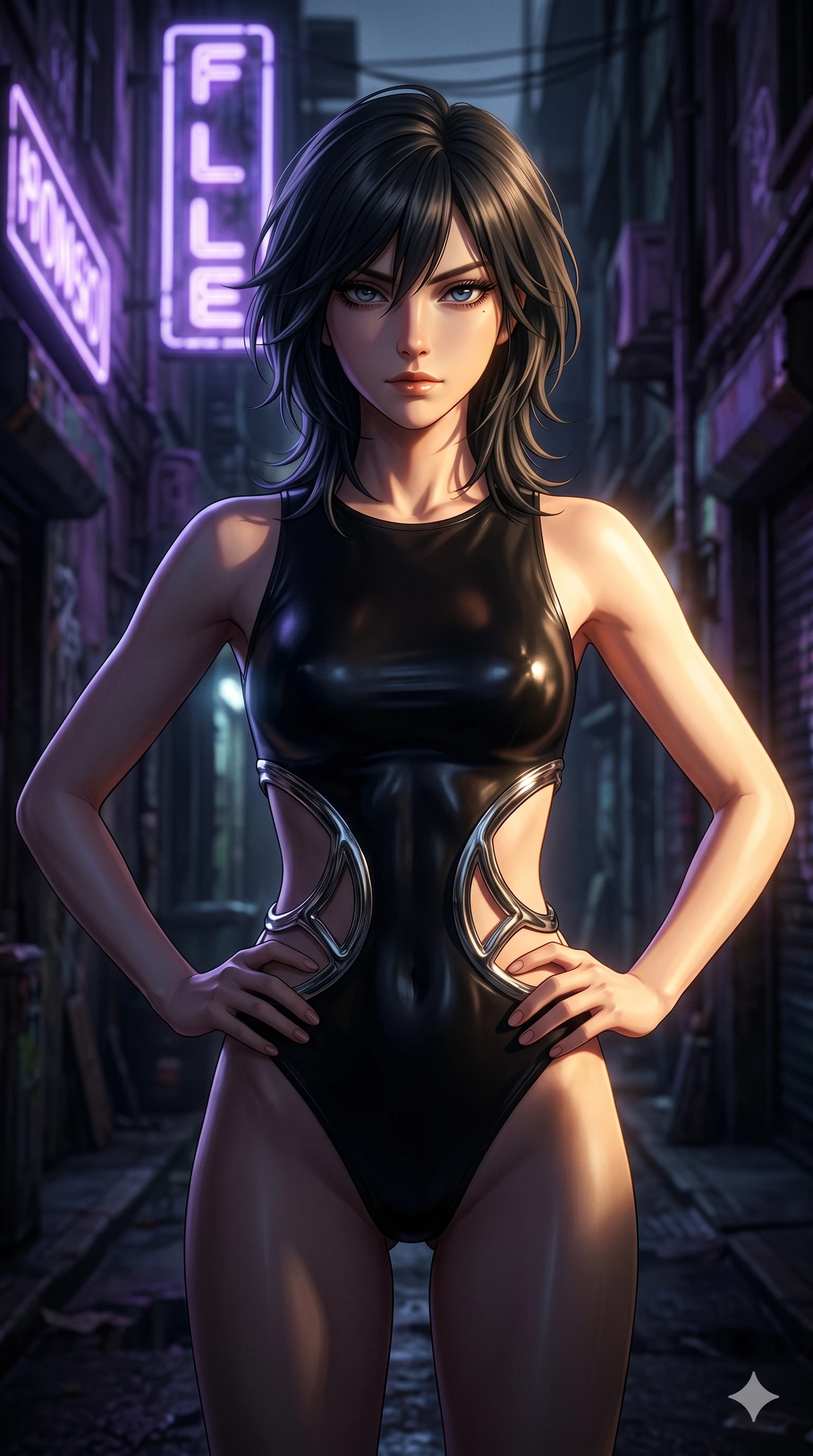 score_9, masterpiece, best quality, ultra-detailed, high-budget anime keyframe, editorial fashion photography, tasteful artistic composition, Caucasian woman, strictly human ears. cowboy shot from the thighs up, character and outfit filling the frame for maximum editorial presence. holding a confident power pose with both hands on her hips, her eyes staring down the viewer with icy coldness in a dimly-lit cyberpunk alleyway under flickering violet neon signage (Scenario Code H-41). She has an absolutely perfect 8-heads proportion, an exceptionally tall and slender female figure with impossibly long slender legs and an ultra-slim waist. V-shaped jawline, high-bridge nose, intricate jewel-like eyes with depth, thick eyelashes, glossy lips with a natural sheen. wearing a skin-tight glove-like black latex bodysuit with dramatic waist cutouts framed by sculptural chrome rings. bathed in a dramatic chiaroscuro with a single golden key light cutting through the shadows. 2k, ultra detail, master piece, 9:16 ratio