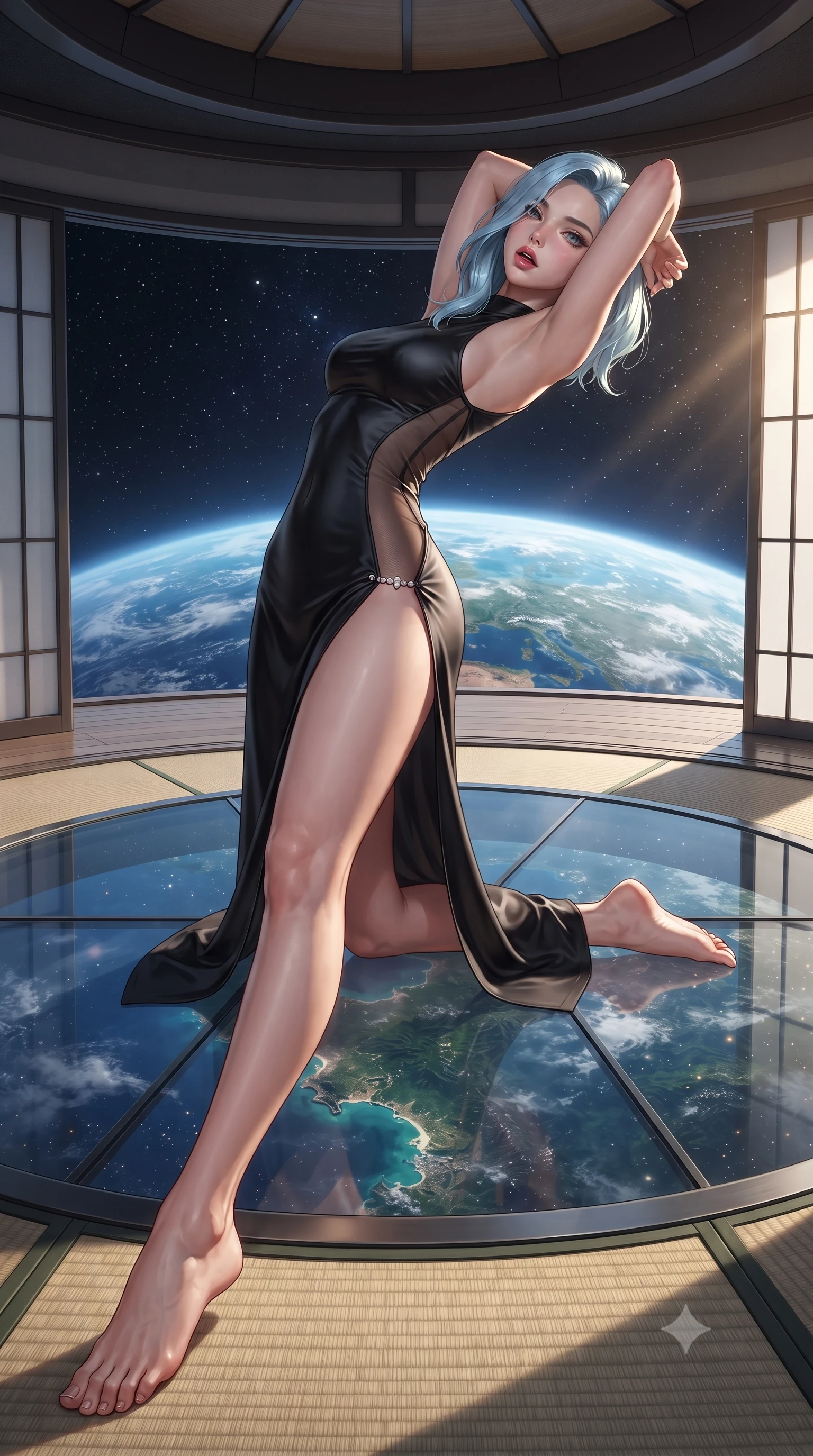 score_9, masterpiece, best quality, ultra-detailed, high-budget anime keyframe, editorial fashion photography, tasteful artistic composition, Korean woman. low angle full-body shot from head to toe showing her feet, filling the entire 9:16 vertical frame with her statuesque presence, stretching her vertical silhouette. striding forward in a proud supermodel runway stride, hips swaying in an alluring kinetic rhythm that accentuates her curvy hourglass silhouette while kneeling gracefully on a tatami mat at the edge of a weightless raked gravel zen garden, arching her spine as planet Earth rotates below the glass dome. The surrounding environment is rendered in vivid detail and crisp panoramic clarity. detailed silk weave, ambient starlight reflections on skin, and Earth ocean shoreline clarity in high resolution. She has an exceptionally tall and slender model-like 8.5-heads proportion, an ultra-slim waist, a flat toned midriff, narrow delicate ribcage, and beautifully sculpted feminine hips creating a graceful, slim hourglass silhouette without any bulky heaviness, with impossibly long slender legs. sharp v-shaped jawline, high-bridge nose, intricate jewel-like eyes with depth, thick eyelashes, glossy parted lips with a natural sheen, intensely captivating and seductive bedroom-eyes expression, flawlessly proportioned anatomical accuracy, strict slender model proportions, natural body alignment, perfectly sculpted long slender limbs, ultra-slim waistline, clean dynamic posture without body distortion. wearing a second-skin black silk jersey maxi dress with asymmetrical sheer mesh side panels tracing the full curve of her hip in midnight obsidian black and liquid gold, tailored from liquid silk jersey adhering flawlessly to her slender build, finished with an ultra-high side slit secured by miniature jeweled clasps, the form-contouring material adhering flawlessly to her sculpted flat midriff and slender torso, emphasizing her long leg lines and perfectly proportioned willowy build. illuminated by gentle directional sunlight sculpting her sculpted collarbones, ultra-slim waist, and curvy hips. ultra-reflective glossy finish, specular highlights, rich textural contrasts, high-contrast stereoscopic depth, volumetric dynamic lighting, 2k, ultra detail, master piece, 9:16 ratio