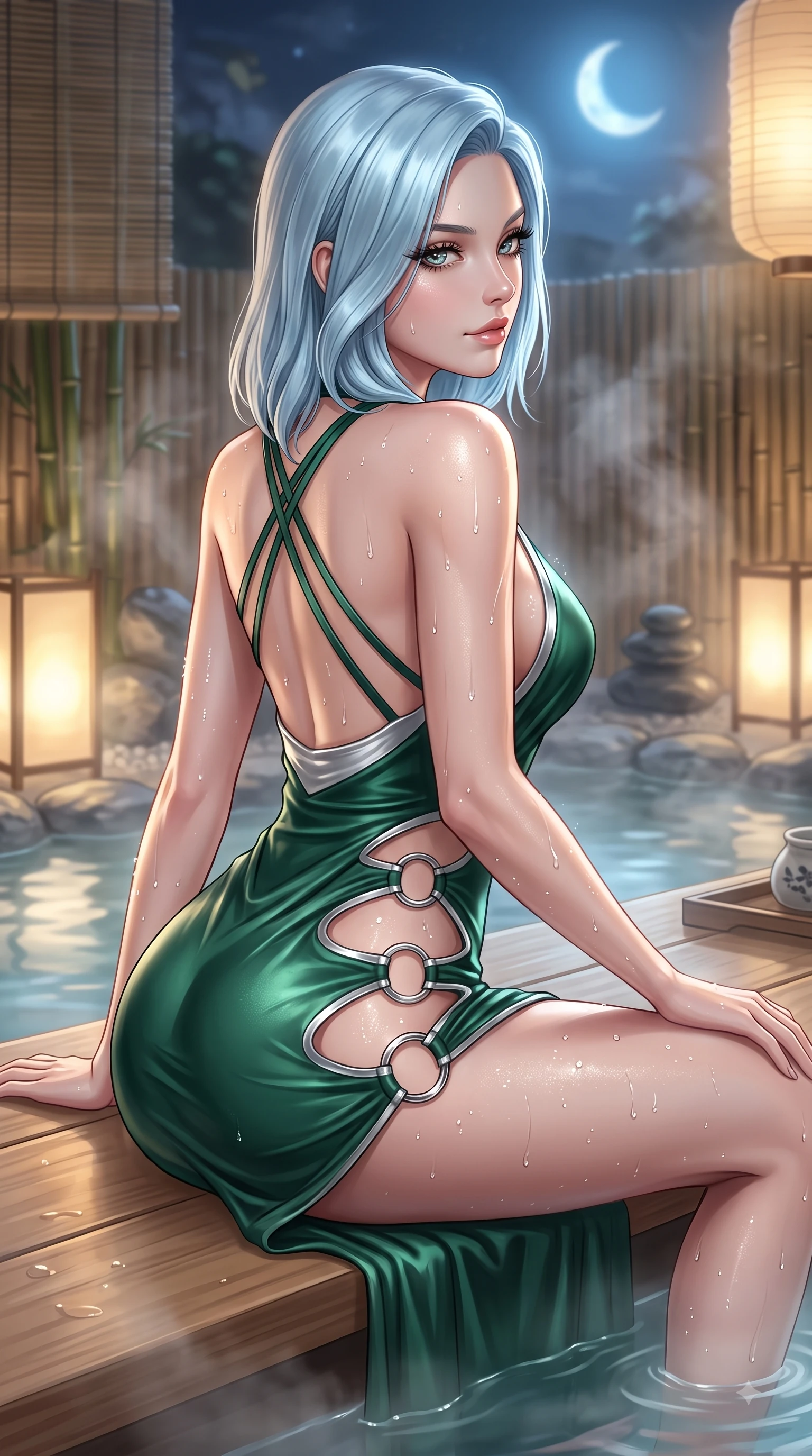 score_9, masterpiece, best quality, ultra-detailed, high-budget anime keyframe, editorial fashion photography, tasteful artistic composition, Korean woman. close-up cowboy shot from the waist and thighs up, the character dominates the composition, filling the frame with her large presence, background elements kept in soft focus. Casting a seductive sidelong gaze over her bare shoulder with heavy lashes and a composed half-smile while lounging on a smooth hinoki wood platform in a moonlit hot spring surrounded by bamboo screens, water droplets glistening on her skin and clothing with brilliant specular highlights. She has an exceptionally elegant, slender, and willowy female figure with an ultra-slim waist, a gracefully sculpted slender torso, and a refined silhouette. sharp v-shaped jawline, high-bridge nose, intricate jewel-like eyes with depth, thick eyelashes, glossy lips with a natural sheen, flawlessly proportioned anatomical accuracy, natural body alignment, perfectly sculpted elegant limbs, clean dynamic posture without body distortion. wearing a deep-scoop halter bodycon dress with hip cutouts connected by silver rings in deep emerald green and silver accent, crafted from lustrous satin jersey with fluid draping, complemented by criss-cross back straps highlighting her bare shoulders, the form-contouring material highlighting her ultra-slim waist and long lines. bathed in soft warm lantern light filtered through gentle thermal steam. ultra-reflective glossy finish, specular highlights, metallic sheen, high-contrast stereoscopic depth, volumetric dynamic lighting, 2k, ultra detail, master piece, 9:16 ratio