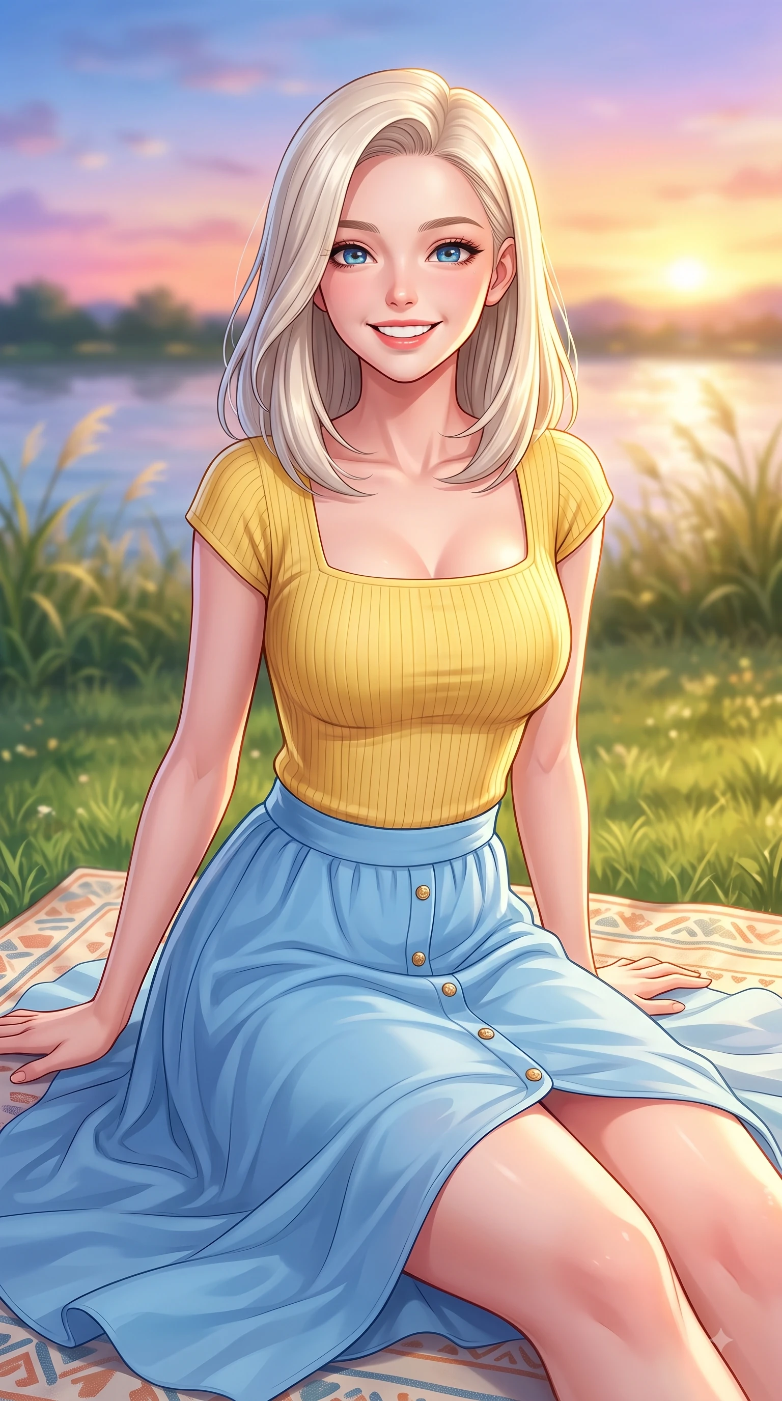 score_9, masterpiece, best quality, ultra-detailed, high-budget anime keyframe, editorial fashion photography, tasteful artistic composition, Caucasian woman. close-up cowboy shot from the waist and thighs up, the character dominates the composition, filling the frame with her large presence. Cheerful beaming smile with sparkling eyes and a fresh girlhood aura, leaning forward with playful grace while sitting gracefully on a picnic mat on a green riverfront park lawn during golden hour. The composition keeps background elements in soft focus with dreamy bokeh. swaying park grasses and sunset sky gradients softened in dreamy background focus. She has an exceptionally elegant, slender, and willowy female figure with an ultra-slim waist, a gracefully sculpted slender torso, and a refined silhouette. sharp v-shaped jawline, high-bridge nose, intricate jewel-like eyes with depth, thick eyelashes, glossy lips with a natural sheen, flawlessly proportioned anatomical accuracy, natural body alignment, perfectly sculpted elegant limbs, clean dynamic posture without body distortion. wearing a chic square-neck ribbed top paired with a flowing A-line midi skirt in sunny canary yellow and clear sky blue, crafted from lightweight fluid chiffon, adorned with delicate gold buttons along the front, the sleek second-skin texture accentuating her magnetic presence. illuminated by soft glowing sunset reflections with cheerful golden rim lights. highly saturated vibrant anime colors, detailed shading with soft gradients, rich glossy textures, high-contrast stereoscopic depth, volumetric dynamic lighting, master piece, 9:16 ratio