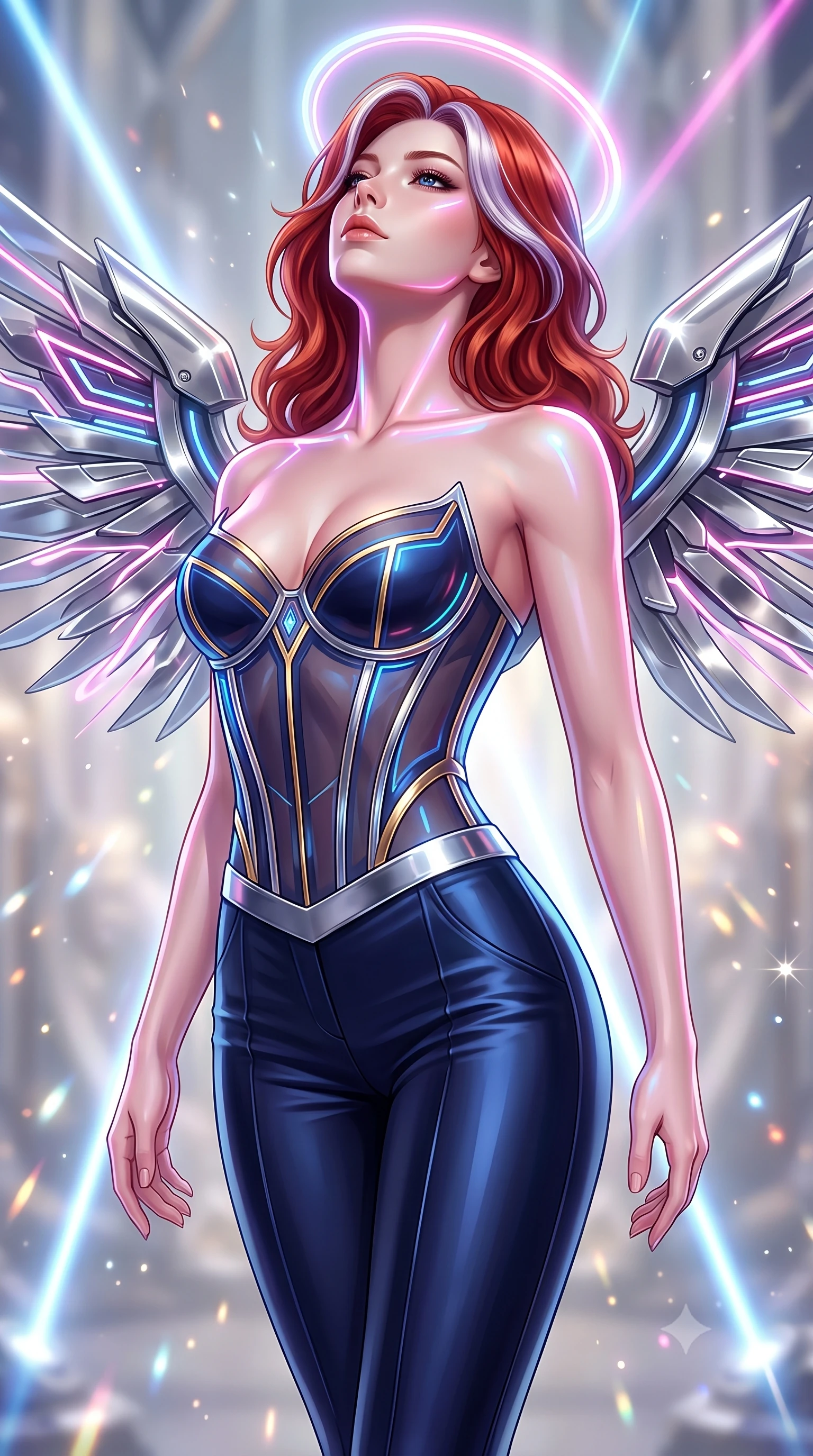 score_9, masterpiece, best quality, ultra-detailed, high-budget anime keyframe, semi-realistic 3D game render, editorial fashion photography, tasteful artistic composition, Caucasian woman. close-up cowboy shot from the waist and thighs up, the character dominates the composition, filling the frame with her large presence. tilting her head back with serene regal elegance, her sharp jawline and sculpted collarbones highlighted by glowing neon halo reflections while arching her spine in a fluid stretch with sovereign grace as mechanical chrome wings expand gracefully behind her statuesque torso. The composition keeps background elements in soft focus with creamy bokeh. brilliant laser light beams and chrome specular glints scattering radiant motes across a soft backdrop. She has an exceptionally elegant, slender, and willowy female figure with an ultra-slim waist, a gracefully sculpted slender torso, toned flat midriff, and a refined slim silhouette. sharp v-shaped jawline, high-bridge nose, intricate jewel-like eyes with depth, thick eyelashes, glossy lips with a natural sheen, flawlessly proportioned anatomical accuracy, strict slender model proportions, natural body alignment, perfectly sculpted long slender limbs, ultra-slim waistline, clean dynamic posture without body distortion. wearing a structured translucent cyber-corset paired with tailored high-fashion satin trousers that sharply cinch her ultra-slim waist in deep midnight navy blue and pure starlight chrome, made of liquid jersey fabric that clings flawlessly to every contour of her build, featuring a sleek aerodynamic collar framed by subtle glowing cybernetic accents, the liquid-tight tailored fabric emphasizing every curve of her tall, slender model proportions and sculptured silhouette during dynamic movement. surrounded by a majestic, sacred, and breathtakingly futuristic cyber-deity atmosphere. rich saturated anime colors with glowing neon highlights, detailed shading with soft gradients, rich glossy textures, high-contrast stereoscopic depth, volumetric dynamic lighting, master piece, 9:16 ratio