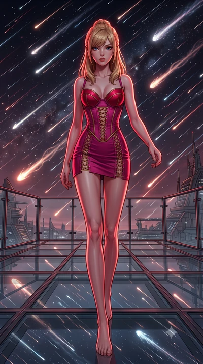 score_9, masterpiece, best quality, ultra-detailed, high-budget anime keyframe, editorial fashion photography, tasteful artistic composition, Caucasian woman, strictly human ears. low angle full-body shot from head to toe showing her feet, filling th