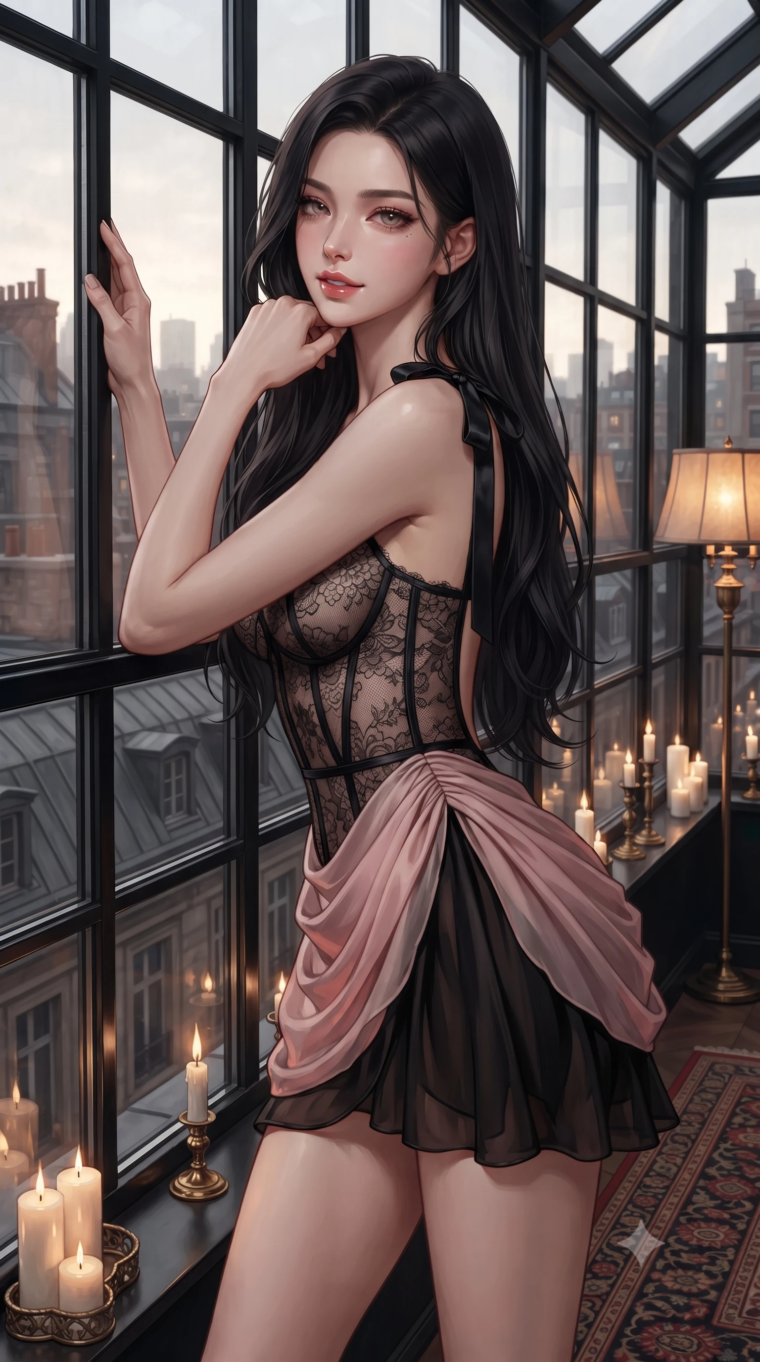 score_9, masterpiece, best quality, ultra-detailed, high-budget anime keyframe, editorial fashion photography, tasteful artistic composition, Korean woman. close-up cowboy shot from the waist and thighs up, the character dominates the composition, filling the frame with her large presence. resting one elbow on the table and supporting her chin, leaning close to the camera with heavy-lidded sparkling eyes and parted lips while leaning against the black steel window grid with hips cocked back, looking out over Cast Iron District rooftops with bedroom-eyes. The surrounding environment is rendered in vivid detail and crisp panoramic clarity: sharp black steel sash window mullions, antique Persian wool rug knots, and greenhouse glass structural ribs in deep focus. She has an exceptionally elegant, slender, and willowy female figure with an ultra-slim waist, flat toned midriff, narrow ribcage, and sculpted feminine hips creating an alluring, slim hourglass silhouette without bulk. sharp v-shaped jawline, high-bridge nose, intricate jewel-like sparkling eyes with depth, thick eyelashes, glossy parted lips with a natural peach sheen, bright cheerful beaming smile with an enchanting and coquettish sensual glint, exuding both youthful cute charm and seductive allure, flawlessly proportioned anatomical accuracy, strict slender model proportions, natural body alignment, perfectly sculpted long slender limbs, ultra-slim waistline, clean dynamic posture without body distortion. wearing a sculpted semi-sheer bustier dress in black lace with exposed boning and a draped chiffon mini skirt in Kyoto moonlit sakura blush and polished urushi black, made of sheer gossamer chiffon that drapes softly against skin with airy translucence, finished with satin ribbon ties at the shoulders fluttering in the gentle breeze, the precision-cut side openings and low-back scoop framing her graceful spine and the sensual sweep of her slim, toned hips. bathed in the warm, moody glow of antique brass floor lamps and candle clusters scattered along window ledges. ultra-reflective glossy finish, specular highlights, rich textural contrasts, high-contrast stereoscopic depth, volumetric dynamic lighting, 2k, ultra detail, master piece, 9:16 ratio