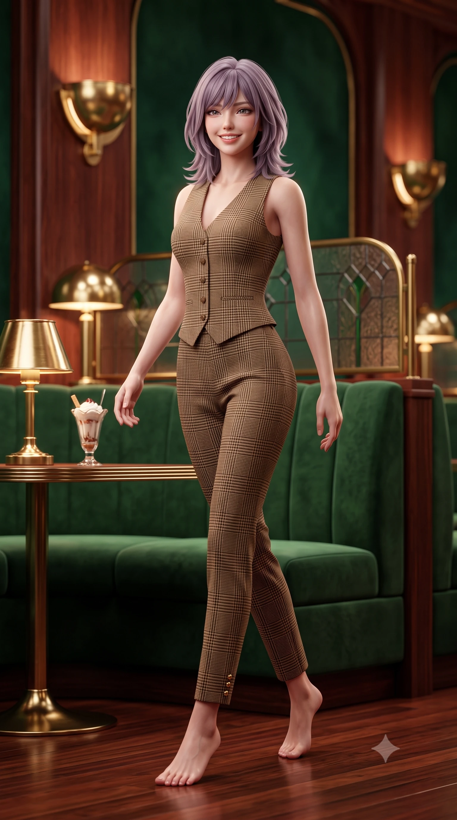 score_9, masterpiece, best quality, ultra-detailed, high-budget anime keyframe, semi-realistic 3D game render, editorial fashion photography, tasteful artistic composition, Japanese woman. low angle full-body shot from head to toe showing her feet, filling the entire 9:16 vertical frame with her statuesque presence, stretching her vertical silhouette. stepping forward gracefully in mid-motion with a radiant beaming smile, hips swaying with supermodel rhythm as her vertical silhouette fills the frame while sitting poised in a curved forest green velvet booth beside a polished brass lamp, smiling cheerfully over a vintage parfait glass. The background shows a soft-focus curved brass Art Deco light sconces, geometric leaded glass screens, and polished rosewood walls blurred into emerald, brass, and rosewood bokeh. She has an exceptionally tall and slender model-like 8.5-heads proportion, an ultra-slim waist, a flat toned midriff, narrow delicate ribcage, and beautifully sculpted feminine hips creating a graceful, slim hourglass silhouette without any bulky heaviness, with impossibly long slender legs. sharp v-shaped jawline, high-bridge nose, intricate jewel-like sparkling eyes with depth, thick eyelashes, glossy parted lips with a natural peach sheen, bright cheerful beaming smile with an enchanting and coquettish sensual glint, exuding both youthful cute charm and seductive allure, flawlessly proportioned anatomical accuracy, strict slender model proportions, natural body alignment, perfectly sculpted long slender limbs, ultra-slim waistline, clean dynamic posture without body distortion. wearing a sleek Prince of Wales check tailored vest bodice hugging her torso, paired with matching ultra-high-rise cigarette trousers in Saint-Germain camel wool and warm espresso, woven from fine elastic rib-knit fabric tracing every millimeter of her slender torso, accented with delicate gold button studs trailing down the snug sleeve cuffs, the glove-like clinging cut tightly following the natural contour of her hips and long slender legs with youthful 8.5-heads elegance. illuminated by rosewood wall and brass reflection bounce with crisp champagne rim lights defining her cheekbones and slender waist. highly saturated vibrant anime colors, detailed shading with soft gradients, rich glossy textures, high-contrast stereoscopic depth, volumetric dynamic lighting, master piece, 9:16 ratio