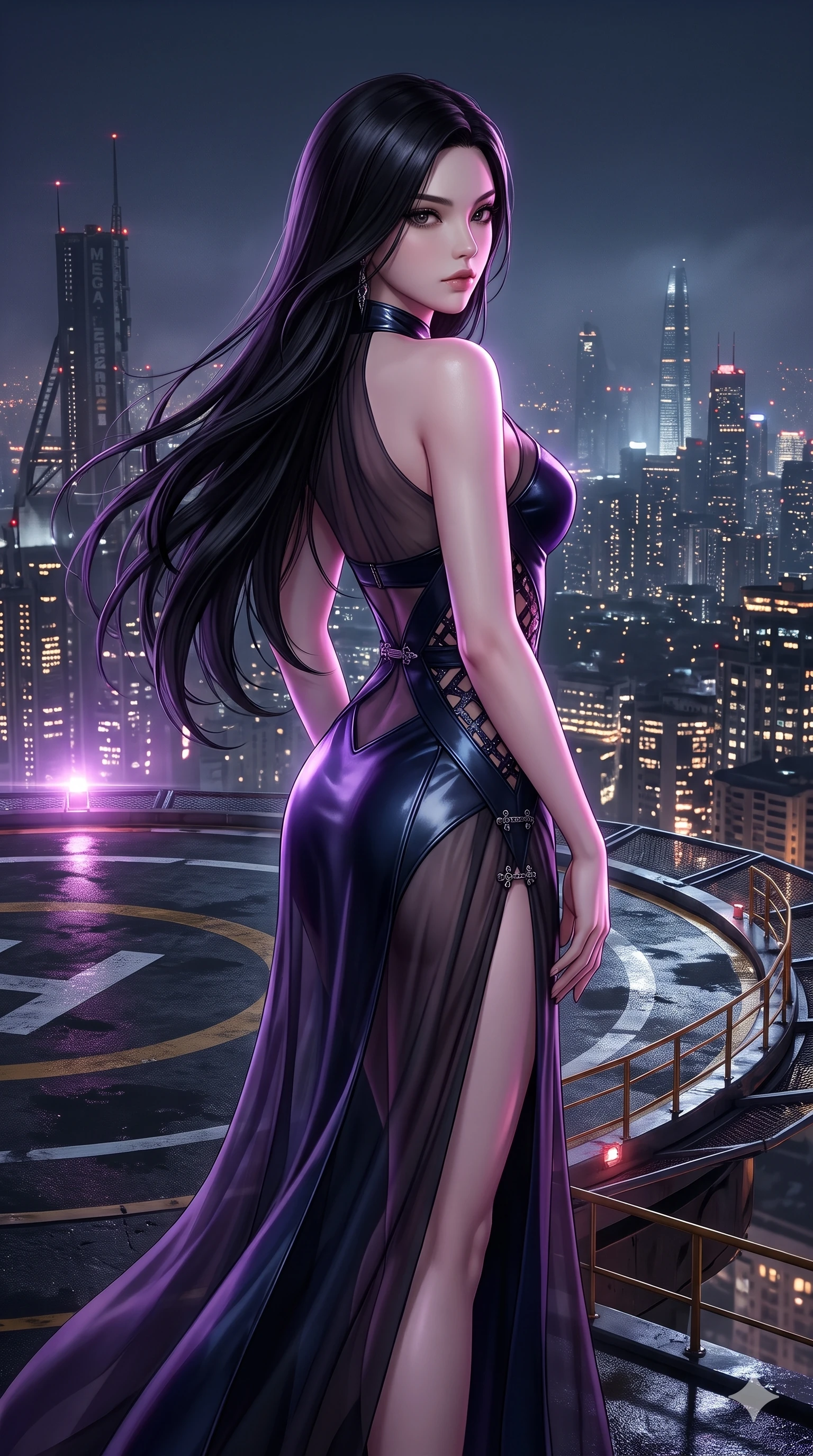 score_9, masterpiece, best quality, ultra-detailed, high-budget anime keyframe, semi-realistic 3D game render, editorial fashion photography, tasteful artistic composition, Korean woman. close-up cowboy shot from the waist and thighs up, the character dominates the composition, filling the frame with her large presence. posing in an alluring rear three-quarter angle, turning over a bare shoulder with an intoxicating, smoldering gaze while standing tall at the outer edge of the summit helipad, arching her lower back to emphasize her hourglass curves against the sprawling midnight metropolis. The surrounding environment is rendered in vivid detail and crisp panoramic clarity: detailed wet-look vinyl bodysuit cling, tactical hardware buckles, and mega-engineering structures in razor-sharp precision. She has an exceptionally elegant, slender, and willowy female figure with an ultra-slim waist, flat toned midriff, narrow ribcage, and sculpted feminine hips creating an alluring, slim hourglass silhouette without bulk. sharp v-shaped jawline, high-bridge nose, intricate jewel-like dark sparkling eyes with hypnotic seductive depth, thick curled eyelashes, glossy parted lips with a natural wine sheen, alluring bedroom-eyes with an enigmatic smoldering smile, exuding magnetic sovereign charisma and dark avant-garde glamour, flawlessly proportioned anatomical accuracy, strict slender model proportions, natural body alignment, perfectly sculpted long slender limbs, ultra-slim waistline, clean dynamic posture without body distortion. wearing a semi-opaque sheer dark chiffon gown revealing a structured bodice silhouette in midnight navy blue and smoky pitch black, adorned with laser-cut diamond side panels revealing teasing glimpses of bare skin, finished with an ultra-high side slit secured by miniature jeweled clasps, contouring every curve with an exceptionally elegant silhouette and captivating allure. bathed in rhythmic pulsing violet strobe flashes contrasted with ambient city light glow. highly saturated vibrant anime colors, detailed shading with soft gradients, rich glossy textures, high-contrast stereoscopic depth, volumetric dynamic lighting, master piece, 9:16 ratio