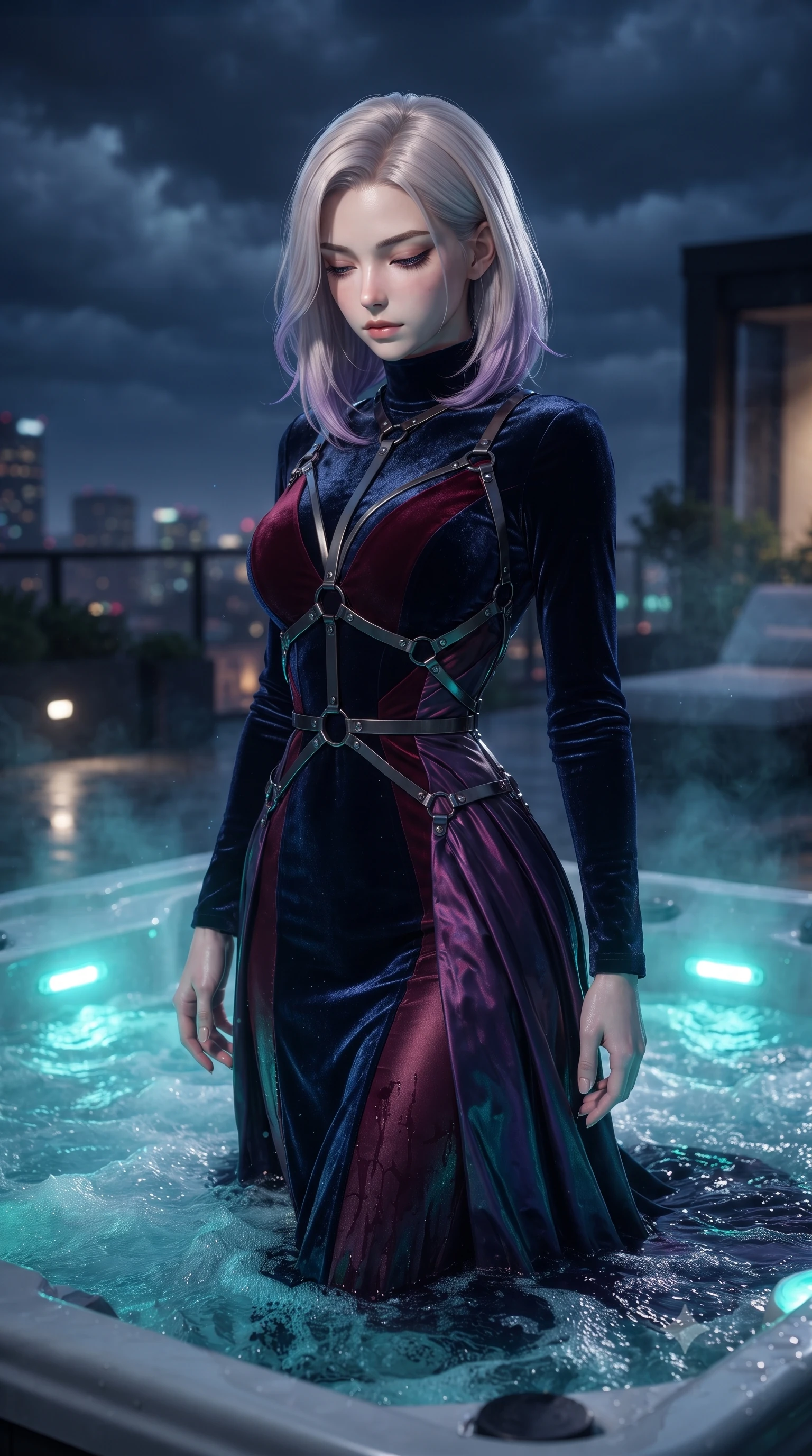 score_9, masterpiece, best quality, ultra-detailed, high-budget anime keyframe, editorial fashion photography, tasteful artistic composition, Caucasian woman. close-up cowboy shot from the waist and thighs up, the character dominates the composition, filling the frame with her large presence, background elements kept in soft focus. Looking down with lowered lashes and a composed, powerful dark aura, immersed to the waist in bubbling jacuzzi water under a midnight stormy sky, cool night mist drifting gently across the dark rooftop terrace. She has an exceptionally elegant, slender, and willowy female figure with an ultra-slim waist, a gracefully sculpted slender torso, and a refined silhouette. sharp v-shaped jawline, high-bridge nose, intricate jewel-like eyes with depth, thick eyelashes, glossy lips with a natural sheen. wearing floor-length high-neck midnight navy velvet gown with long sleeves in deep crimson burgundy, made of iridescent dark violet taffeta, highlighted by a gunmetal metallic harness structure, contouring every curve with an exceptionally elegant silhouette. illuminated by glowing aqua LED jacuzzi lights and distant city skyglow. highly saturated vibrant anime colors, detailed shading with soft gradients, rich glossy textures, high-contrast stereoscopic depth, volumetric dynamic lighting, master piece, 9:16 ratio