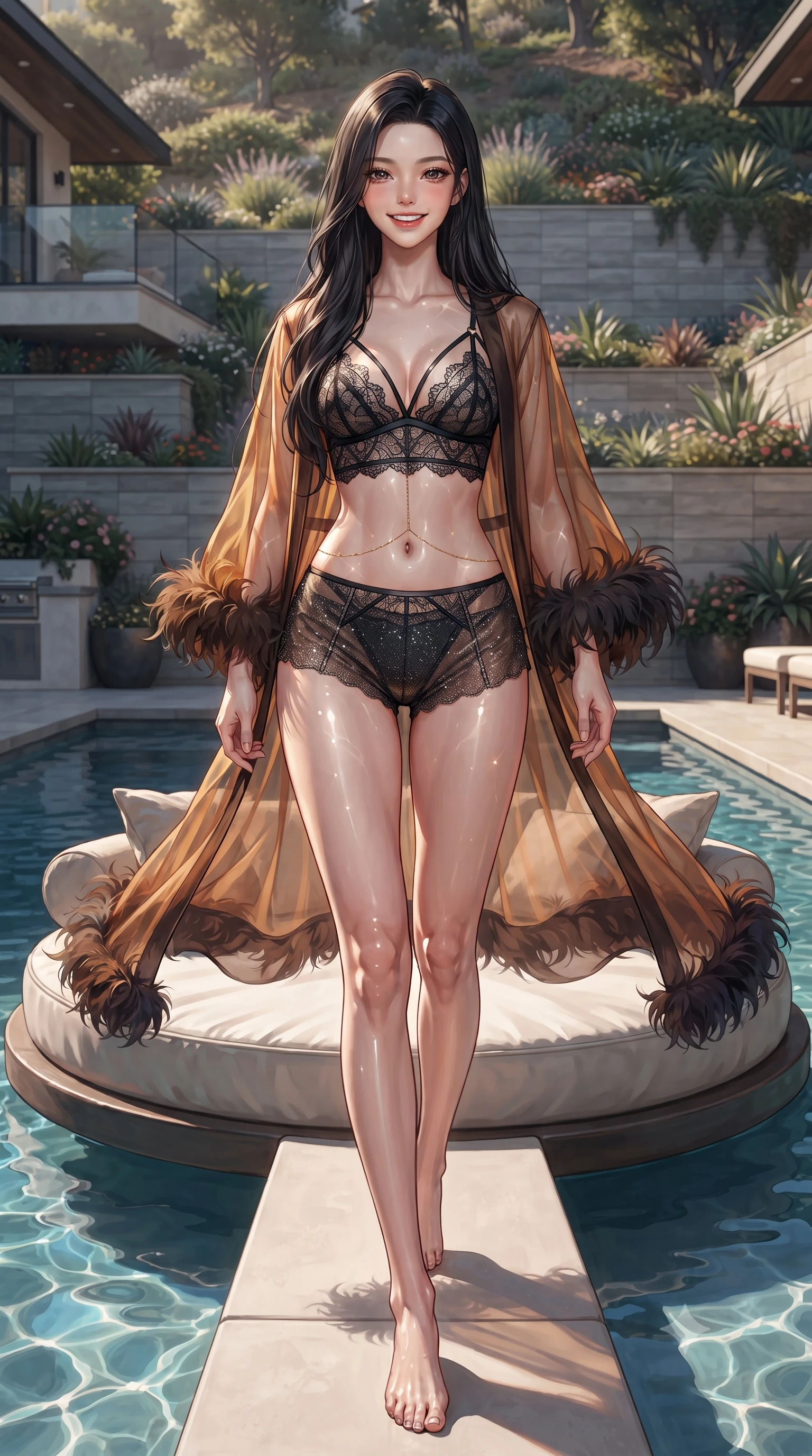 score_9, masterpiece, best quality, ultra-detailed, high-budget anime keyframe, editorial fashion photography, tasteful artistic composition, Korean woman. low angle full-body shot from head to toe showing her feet, filling the entire 9:16 vertical frame with her statuesque presence, stretching her vertical silhouette. stepping slowly toward the camera with hypnotic grace, hips swaying in an alluring sensual rhythm that accentuates her curvy hourglass silhouette and long slender legs while lounging on the circular floating daybed with legs extended, displaying her long slender limbs and statuesque hourglass silhouette. The surrounding environment is rendered in vivid detail and crisp panoramic clarity: detailed sheer organza boudoir peignoir drape, satin bralette cling, and hillside engineering in razor-sharp precision. She has an exceptionally tall and slender model-like 8.5-heads proportion, an ultra-slim waist, a flat toned midriff, narrow delicate ribcage, and beautifully sculpted feminine hips creating a graceful, slim hourglass silhouette without any bulky heaviness, with impossibly long slender legs. sharp v-shaped jawline, high-bridge nose, intricate jewel-like sparkling eyes with depth, thick eyelashes, glossy parted lips with a natural peach sheen, bright cheerful beaming smile with an enchanting and coquettish sensual glint, exuding both youthful cute charm and seductive allure, flawlessly proportioned anatomical accuracy, strict slender model proportions, natural body alignment, perfectly sculpted long slender limbs, ultra-slim waistline, clean dynamic posture without body distortion. wearing a delicate translucent silk boudoir robe with feather-trimmed cuffs worn open over a strappy lace bralette and micro-shorts in Hannam-dong glowing amber and rich dark espresso, woven from stretch metallic lurex jersey casting radiant starlight glints across her curves, accented with a dainty gold belly chain resting across her flat midriff and curving hips, the form-contouring silhouette accentuating her sculpted flat midriff, narrow delicate ribcage, and gracefully curvy hips with intoxicating allure. illuminated by pool surface caustics bounce and sharp platinum-cyan rim lights defining her jawline, flat midriff, and feminine hips. ultra-reflective glossy finish, specular highlights, rich textural contrasts, high-contrast stereoscopic depth, volumetric dynamic lighting, 2k, ultra detail, master piece, 9:16 ratio