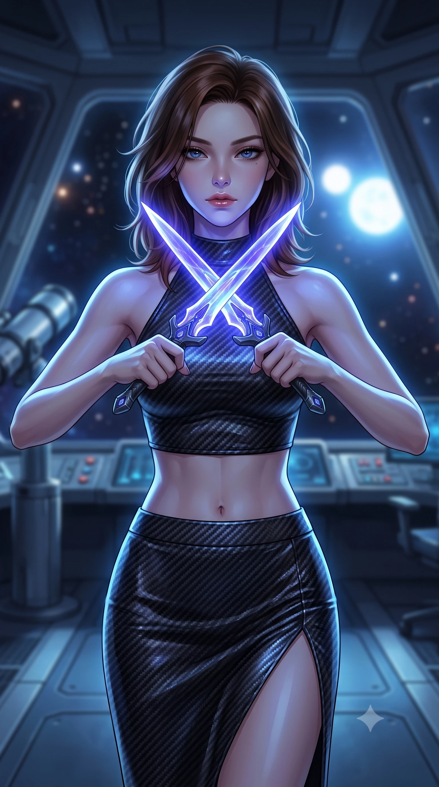 score_9, masterpiece, best quality, ultra-detailed, high-budget anime keyframe, editorial fashion photography, tasteful artistic composition, Korean woman. close-up cowboy shot from the waist and thighs up, the character dominates the composition, filling the frame with her large presence, background elements kept in soft focus. holding two energy daggers crossed in front of her elegant collarbone, casting a heavy-lidded, sultry look, the background shows a soft-focus a telescope deck on a space station facing a bright binary star system. She has an exceptionally elegant, slender, and willowy female figure with an ultra-slim waist, a gracefully sculpted slender torso, and a refined silhouette. sharp v-shaped jawline, high-bridge nose, intricate jewel-like eyes with depth, thick eyelashes, glossy lips with a natural sheen. wearing a tailored carbon-fiber halter-neck crop top paired with a matching high-slit midi skirt, revealing her slim waist. cool blue moonlight wrapping her statuesque posture in a quiet, solemn mood. highly saturated vibrant anime colors, detailed shading with soft gradients, rich glossy textures, high-contrast stereoscopic depth, volumetric dynamic lighting, master piece, 9:16 ratio