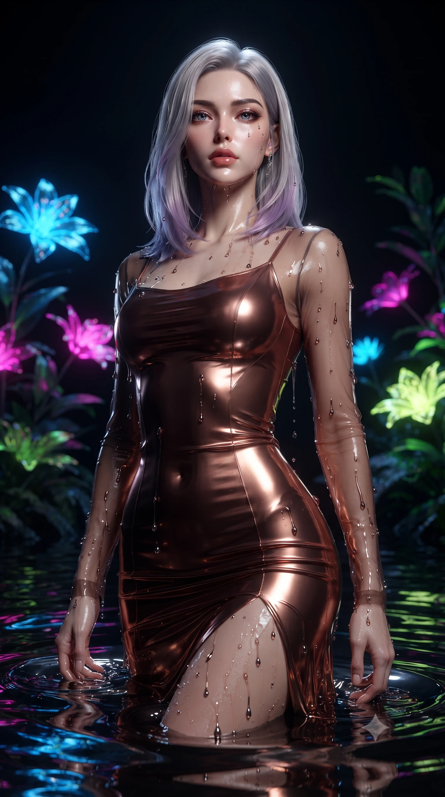 score_9, masterpiece, best quality, ultra-detailed, High-budget Anime Keyframe, editorial fashion photography, tasteful artistic composition, realistic cosplay photography, Caucasian woman, strictly human ears. Low angle cowboy shot filling the entire 9:16 frame with her statuesque presence. Scenario 483: rising from a pool of mercury-like liquid, droplets rolling off her skin, in a virtual garden where neon flowers bloom in the dark. Her presence is magnetic and overpowering in this high-budget cinematic scene. Outfit 483: a form-contouring metallic copper liquid silk slip dress with sheer sleeves and opaque panels. The clothing is designed to emphasize her exceptionally tall and slender 8-heads proportion. 8-heads proportion, towering silhouette, ultra-slim waist. sharp v-shaped jawline, intricate jewel-like eyes with depth, thick eyelashes, glossy lips. ultra-reflective glossy finish, specular highlights, metallic sheen, high-contrast stereoscopic depth, volumetric dynamic lighting, 2k, ultra detail, master piece, 9:16 ratio