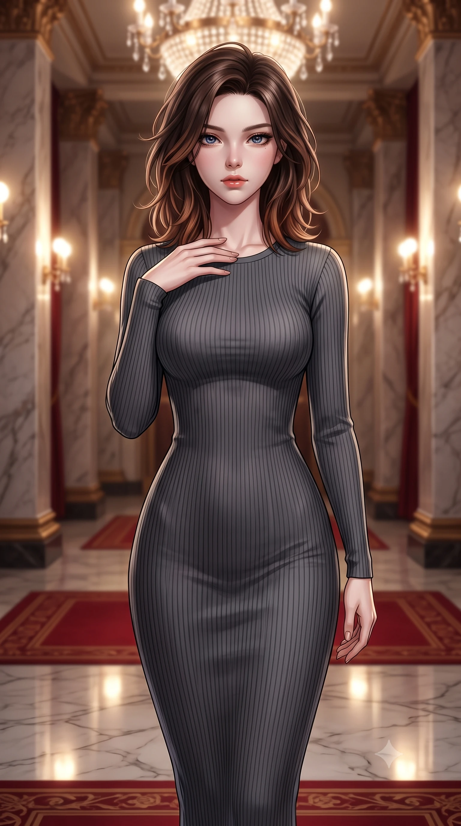 score_9, masterpiece, best quality, ultra-detailed, high-budget anime keyframe, editorial fashion photography, tasteful artistic composition, Korean woman. close-up cowboy shot from the waist and thighs up, the character dominates the composition, filling the frame with her large presence, background elements kept in soft focus. standing with one hand resting on her collarbone, looking at the viewer with bedroom-eyes the background shows a soft-focus a grand theater corridor with marble columns and red carpets under crystal chandeliers. She has an exceptionally elegant, slender, and willowy female figure with an ultra-slim waist, a gracefully sculpted slender torso, and a refined silhouette. sharp v-shaped jawline, high-bridge nose, intricate jewel-like eyes with depth, thick eyelashes, glossy lips with a natural sheen. wearing a body-hugging form-contouring ribbed bodycon midi dress in charcoal grey with long sleeves. multiple warm ambient lights reflecting off the polished marble surfaces. ultra-reflective glossy finish, specular highlights, metallic sheen, high-contrast stereoscopic depth, volumetric dynamic lighting, 2k, ultra detail, master piece, 9:16 ratio