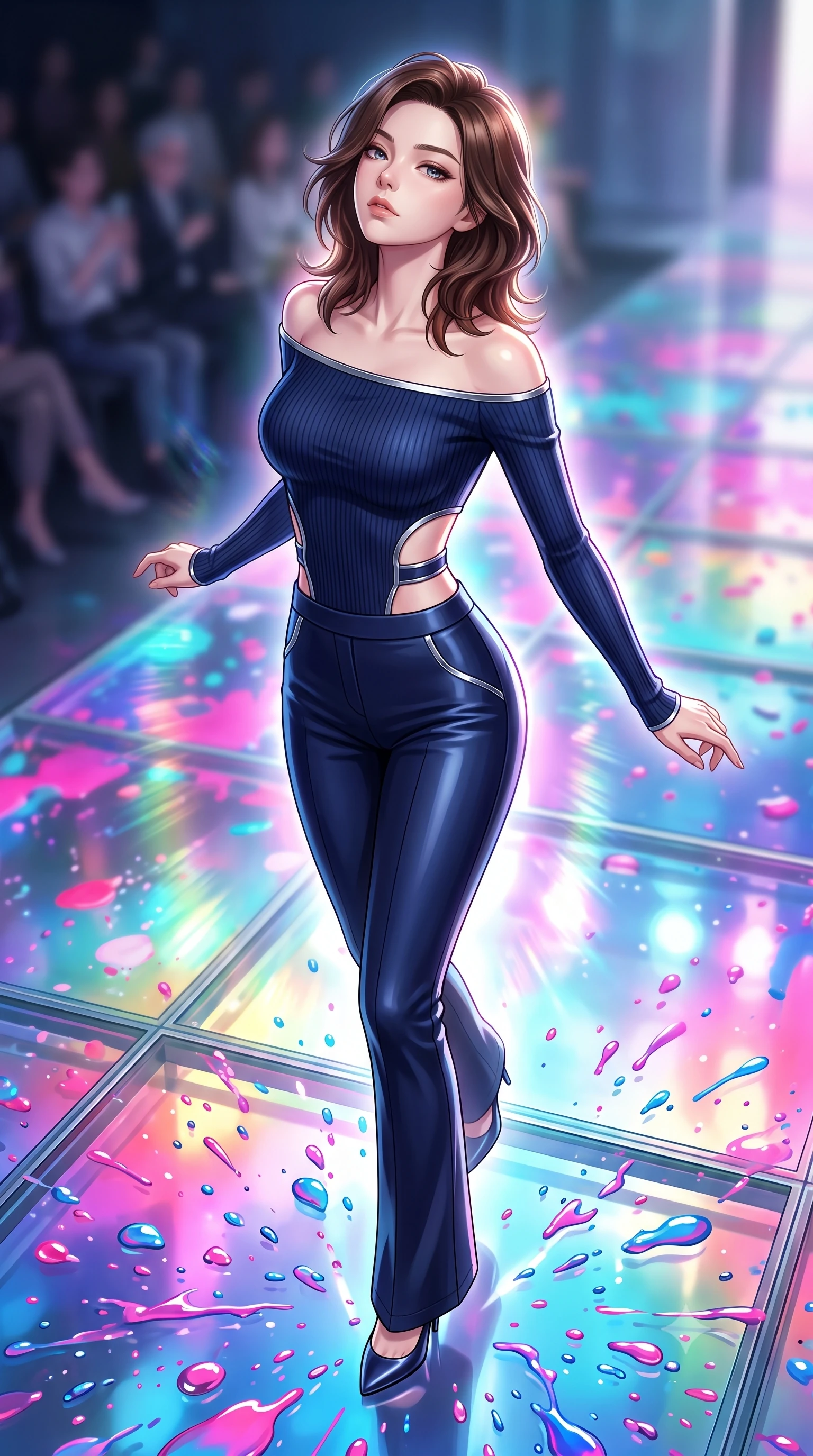 score_9, masterpiece, best quality, ultra-detailed, high-budget anime keyframe, editorial fashion photography, tasteful artistic composition, Korean woman. close-up cowboy shot from the waist and thighs up, the character dominates the composition, filling the frame with her large presence, background elements kept in soft focus. Tilting her chin up with an air of effortless superiority while balancing dynamically amidst the scene while pivoting gracefully on a glass floor drenched in vibrant multi-color light reflections, vibrant paint droplets frozen in time casting specular highlights. She has an exceptionally elegant, slender, and willowy female figure with an ultra-slim waist, a gracefully sculpted slender torso, and a refined silhouette. sharp v-shaped jawline, high-bridge nose, intricate jewel-like eyes with depth, thick eyelashes, glossy lips with a natural sheen, flawlessly proportioned anatomical accuracy, natural body alignment, perfectly sculpted elegant limbs, clean dynamic posture without body distortion. wearing a sleek off-shoulder ribbed knit top paired with high-waist tailored pants in midnight navy blue and chrome trim, formed from sleek second-skin neoprene, featuring clean architectural cutouts along her slender torso, the glove-like fit emphasizing her statuesque silhouette during motion. surrounded by a radiant, high-energy reflection aura. highly saturated vibrant anime colors, detailed shading with soft gradients, rich glossy textures, high-contrast stereoscopic depth, volumetric dynamic lighting, master piece, 9:16 ratio