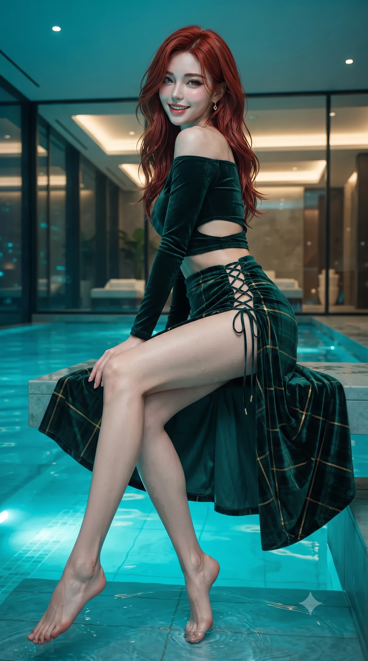 score_9, masterpiece, best quality, ultra-detailed, high-budget anime keyframe, editorial fashion photography, tasteful artistic composition, Korean woman. low angle full-body shot from head to toe showing her feet, filling the entire 9:16 vertical frame with her statuesque presence, stretching her vertical silhouette. executing a slow, graceful pivot turn as her skirt sways around her slender legs, glancing back with an enchanting, teasing sensual expression while sitting gracefully on the submerged pool bench with legs crossed, flashing a radiant, playful smile with parted glossy lips. The surrounding environment is rendered in vivid detail and crisp panoramic clarity: detailed garment lines, wet cling or tailored fit, and cutting-edge cantilevered spa architecture in high resolution. She has an exceptionally tall and slender model-like 8.5-heads proportion, an ultra-slim waist, a flat toned midriff, narrow delicate ribcage, and beautifully sculpted feminine hips creating a graceful, slim hourglass silhouette without any bulky heaviness, with impossibly long slender legs. sharp v-shaped jawline, high-bridge nose, intricate jewel-like sparkling eyes with depth, thick eyelashes, glossy parted lips with a natural peach sheen, bright cheerful beaming smile with an enchanting and coquettish sensual glint, exuding both youthful cute charm and seductive allure, flawlessly proportioned anatomical accuracy, strict slender model proportions, natural body alignment, perfectly sculpted long slender limbs, ultra-slim waistline, clean dynamic posture without body distortion. wearing an alluring off-the-shoulder crop top with asymmetrical side-torso cutouts and a high-slit wrap skirt in Balmoral royal tartan emerald and gilded brass, tailored from ultra-plush silk velvet with rich tactile depth and deep shadow gradients, featuring fine criss-cross lace-up side ties revealing tantalizing glimpses of her hip curve, the precision-cut side openings and low-back scoop framing her graceful spine and the sensual sweep of her slim, toned hips. bathed in underwater pool turquoise-cyan LEDs combined with soft warm 2700K interior cove lighting through glass. ultra-reflective glossy finish, specular highlights, rich textural contrasts, high-contrast stereoscopic depth, volumetric dynamic lighting, 2k, ultra detail, master piece, 9:16 ratio