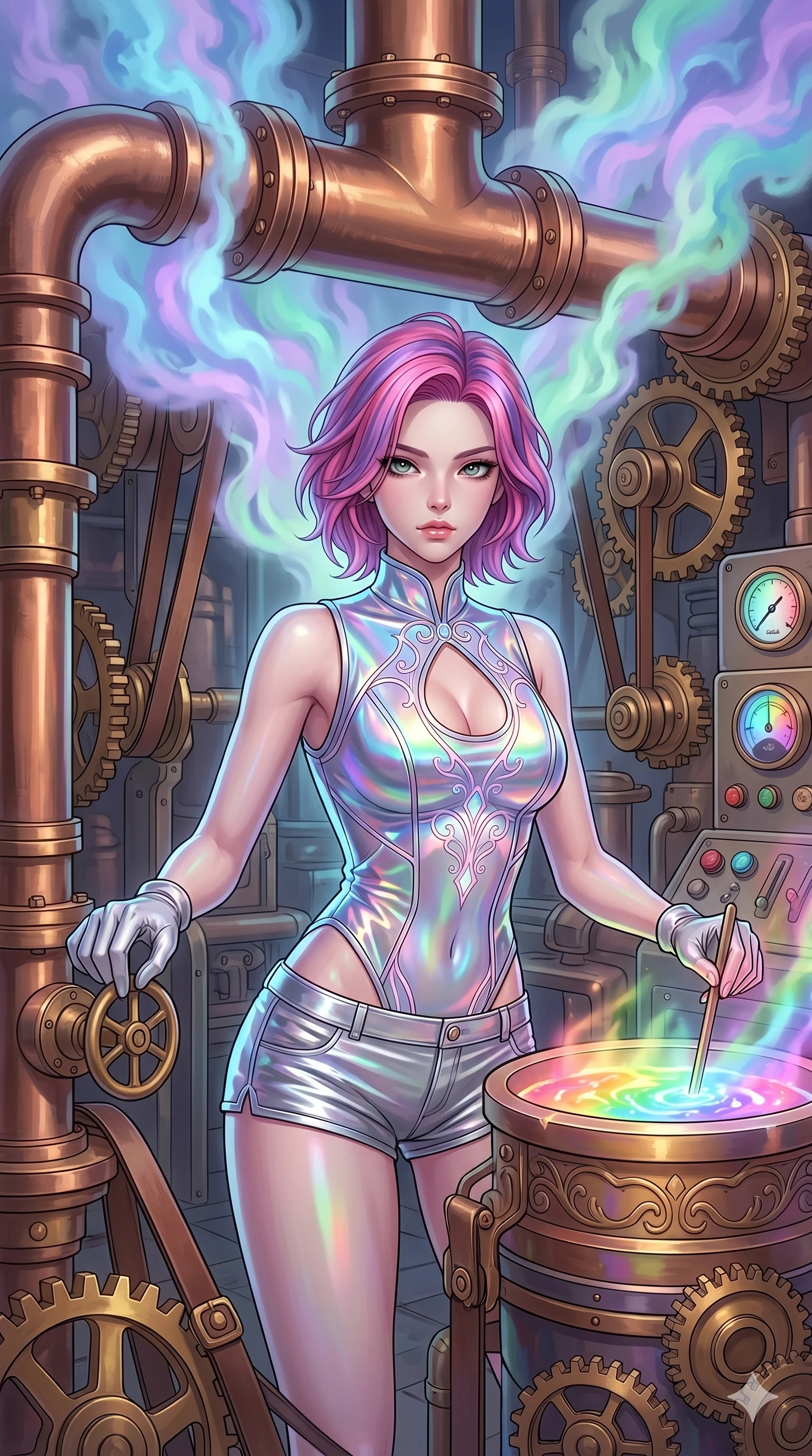 score_9, masterpiece, best quality, ultra-detailed, high-budget anime keyframe, Korean woman. upper body close-up from the thighs up, character filling the screen for maximum presence. operating a steampunk aurora foundry surrounded by massive copper pipes and leather belts, where pastel aurora gas billows from valves and liquid rainbow energy boils in a crucible. She has an absolutely perfect 8-heads proportion, an exceptionally tall and slender female figure with impossibly long slender legs and an ultra-slim waist. V-shaped jawline, high-bridge nose, intricate jewel-like eyes with depth, thick eyelashes, glossy lips with a natural sheen.. wearing a holographic liquid silk vest and silver metallic micro-shorts, featuring a keyhole cutout and form-fitting silhouette. lit by a soft glowing ambient light and a sharp side key light that traces the sleek contours of her athletic build. 2k, ultra detail, master piece, 9:16 ratio