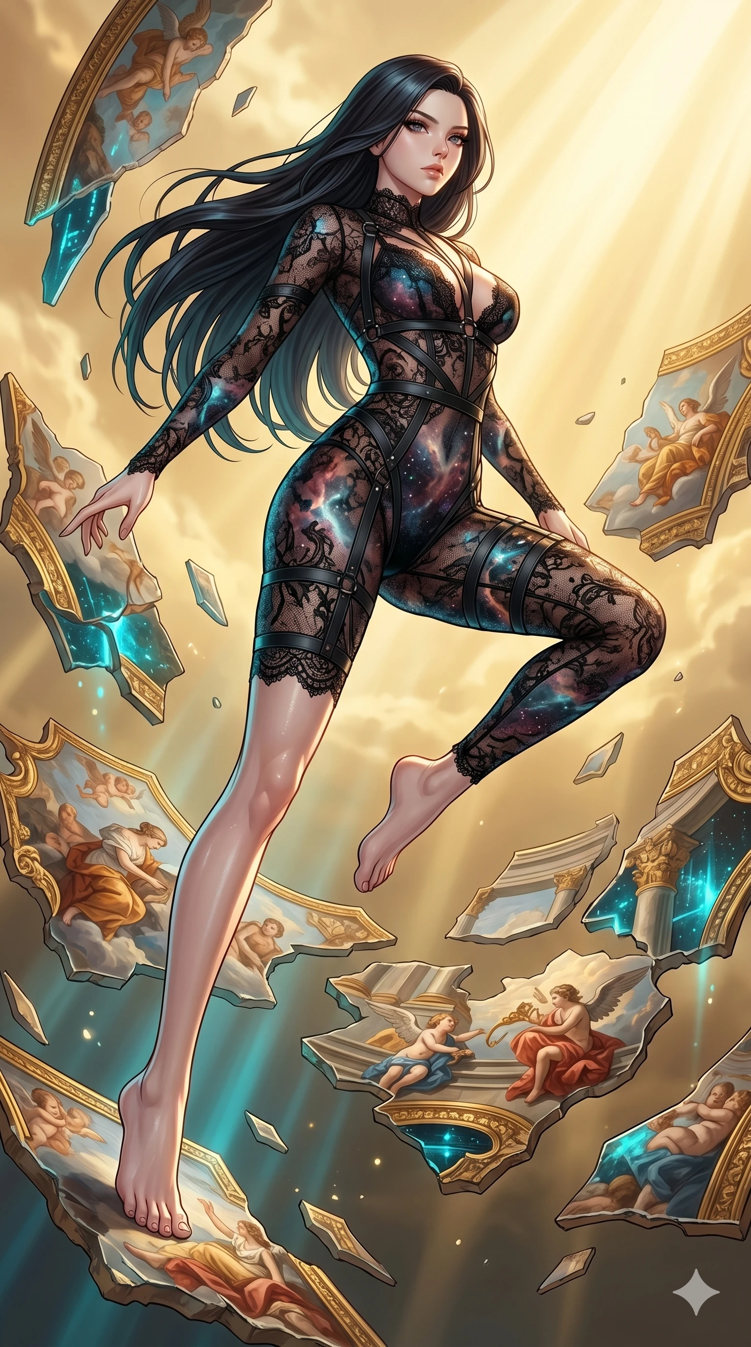 score_9, masterpiece, best quality, ultra-detailed, high-budget anime keyframe, Japanese woman. low angle full-body shot filling the entire 9:16 frame with her statuesque presence, stretching the vertical silhouette. propelling herself off digital baroque ceiling fresco shards that float and reassemble in a golden sky. She has an absolutely perfect 8-heads proportion, an exceptionally tall and slender female figure with impossibly long slender legs and an ultra-slim waist. V-shaped jawline, high-bridge nose, intricate jewel-like eyes with depth, thick eyelashes, glossy lips with a natural sheen.. wearing a gothic nebula lace bodysuit, featuring a sheer black lace bodysuit with cosmic nebula patterns, reinforced by matte leather straps. showcasing a beautiful play of light and shadow, with warm golden rays clashing against cool cyan highlights. 2k, ultra detail, master piece, 9:16 ratio