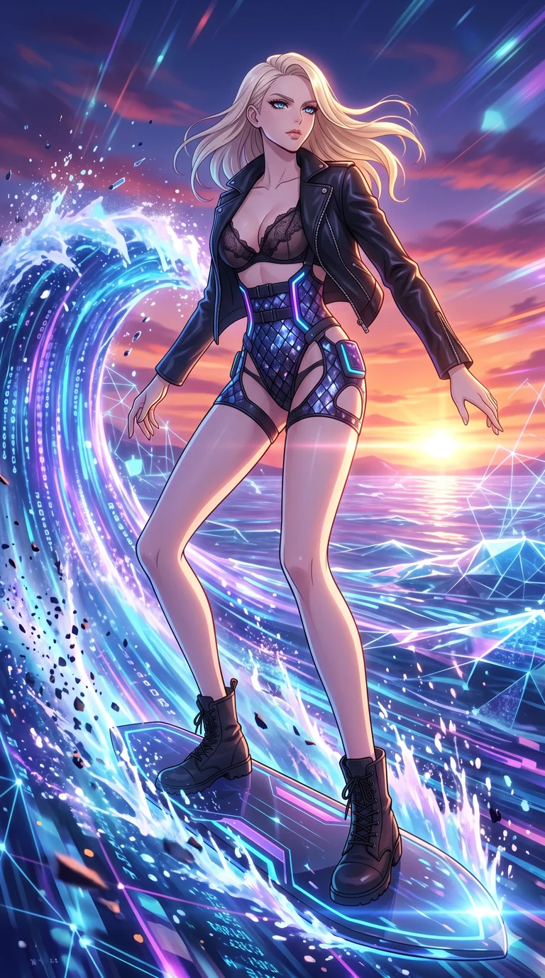 score_9, masterpiece, best quality, ultra-detailed, High-budget Anime Keyframe, vibrant colors, fluid line-art, expressive lighting, cinematic composition, Ufotable-style visual effects, top-tier animation quality, Caucasian woman with pale skin, blonde hair, and (strictly human ears). Wide-angle low shot emphasizing her impossibly long slender legs and commanding stature. Surfing on a massive wave of pure data within a virtual world, the landscape changing rapidly as she speeds through. She has an absolutely perfect 8-heads proportion, an exceptionally tall and slender female figure with impossibly long slender legs and an ultra-slim waist, her statuesque height and towering silhouette dominating the vertical 9:16 frame. Her face is a masterpiece featuring a sharp v-shaped jawline, high-bridge nose, intricate jewel-like eyes with depth, thick eyelashes, and glossy lips with a natural sheen. She is wearing a Unzipped deeply leather jacket over a delicate sheer lace bra and a high-waisted harness crafted from Obsidian-glass scales that shimmer with a dark, crystalline brilliance, with integrated neon-lit tactical gear and suggestive cutouts on the thighs. The scene is set in a vibrant sunset over a futuristic crystalline ocean with waves made of liquid light, illuminated by cinematic lighting with dramatic rim light that highlights her slender silhouette. 2k, ultra detail, master piece, 9:16 ratio