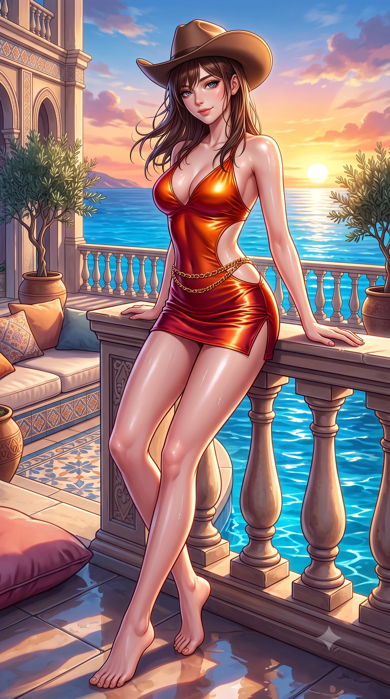 score_9, masterpiece, best quality, ultra-detailed, high-budget anime keyframe, semi-realistic 3D game render, editorial fashion photography, tasteful artistic composition, Korean woman. low angle full-body shot from head to toe showing her feet, filling the entire 9:16 vertical frame with her statuesque presence, stretching her vertical silhouette. leaning deep against the balcony balustrade with hips cocked back in an unapologetically alluring high-fashion stance, casting an intoxicating glance while twisting her slender torso in an alluring contrapposto stance, Mediterranean sea breezes playing with her wet hair and curvy hips. The surrounding environment is rendered in vivid detail and crisp panoramic clarity: detailed wet-look neoprene zip swimsuit cling, gold waist chain shine, and luxury beach club styling in razor-sharp precision. She has an absolutely perfect, statuesque 8.5-heads proportion, an exceptionally tall and slender model-like female figure with impossibly long slender legs, an ultra-slim waist, a flat toned midriff, narrow delicate ribcage, and beautifully sculpted feminine hips creating a graceful, slim hourglass silhouette without any bulky heaviness. sharp v-shaped jawline, high-bridge nose, sparkling eyes with hypnotic seductive depth, thick curled eyelashes, glossy parted lips with a natural dewy peach sheen, alluring bedroom-eyes with an enchanting coquettish smile, exuding magnetic siren charisma and sophisticated glamour, flawlessly proportioned anatomical accuracy, strict slender model proportions, natural body alignment, perfectly sculpted long slender limbs, ultra-slim waistline, clean dynamic posture without body distortion. wearing a liquid metallic lamé one-piece swim dress clinging like a second skin with hip-high side cutouts in blazing desert sunset orange and deep canyon crimson, crafted from fluid liquid silk satin that clings smoothly to every curve with a dewy sheen, finished with a wide-brimmed felt cowboy hat tipped back to frame her face and long glossy hair, the second-skin tailored fabric adhering flawlessly to her sculpted flat midriff and slender torso, emphasizing her long leg lines and perfectly proportioned willowy build. illuminated by sea water reflection fill and sharp platinum-gold rim lights sculpting her razor-sharp jawline, narrow waist, and curvy hips. highly saturated vibrant anime colors, detailed shading with soft gradients, rich glossy textures, high-contrast stereoscopic depth, volumetric dynamic lighting, master piece, 9:16 ratio