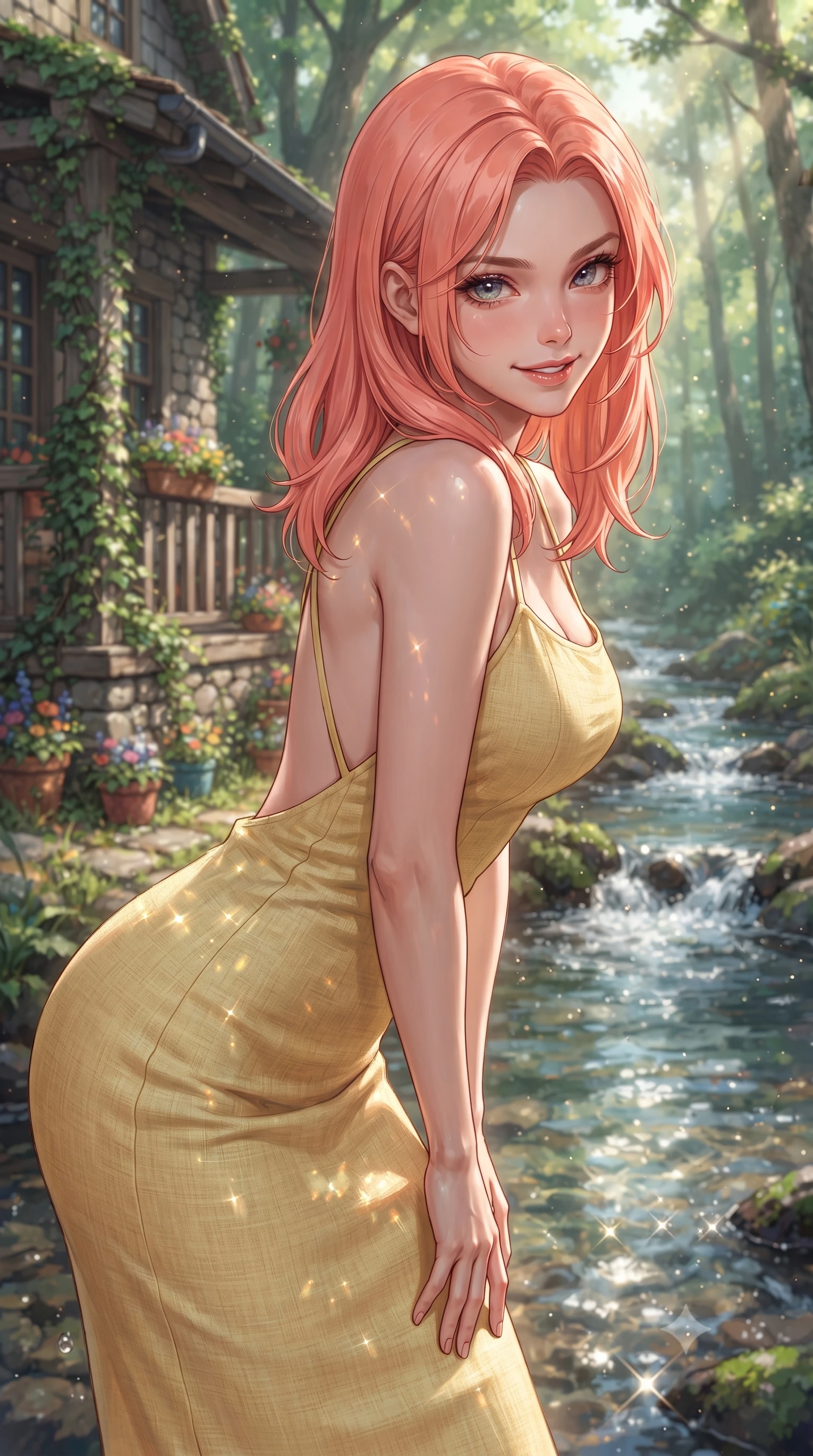 score_9, masterpiece, best quality, ultra-detailed, high-budget anime keyframe, editorial fashion photography, tasteful artistic composition, Japanese woman woman. close-up cowboy shot from the waist and thighs up, the character dominates the composition, filling the frame with her large presence, background elements kept in soft focus. leaning slightly forward with a playful, teasing smile, her gaze locked onto the viewer the background shows a soft-focus a cozy cottage porch beside a bubbling forest stream with clear running water. She has an exceptionally elegant, slender, and willowy female figure with an ultra-slim waist, a gracefully sculpted slender torso, and a refined silhouette. sharp v-shaped jawline, high-bridge nose, intricate jewel-like eyes with depth, thick eyelashes, glossy lips with a natural sheen. wearing a body-hugging backless summer sundress in pale yellow linen, showing her elegant shoulder blades. dappled sunbeams reflecting off the moving water surface onto her form. ultra-reflective glossy finish, specular highlights, metallic sheen, high-contrast stereoscopic depth, volumetric dynamic lighting, 2k, ultra detail, master piece, 9:16 ratio