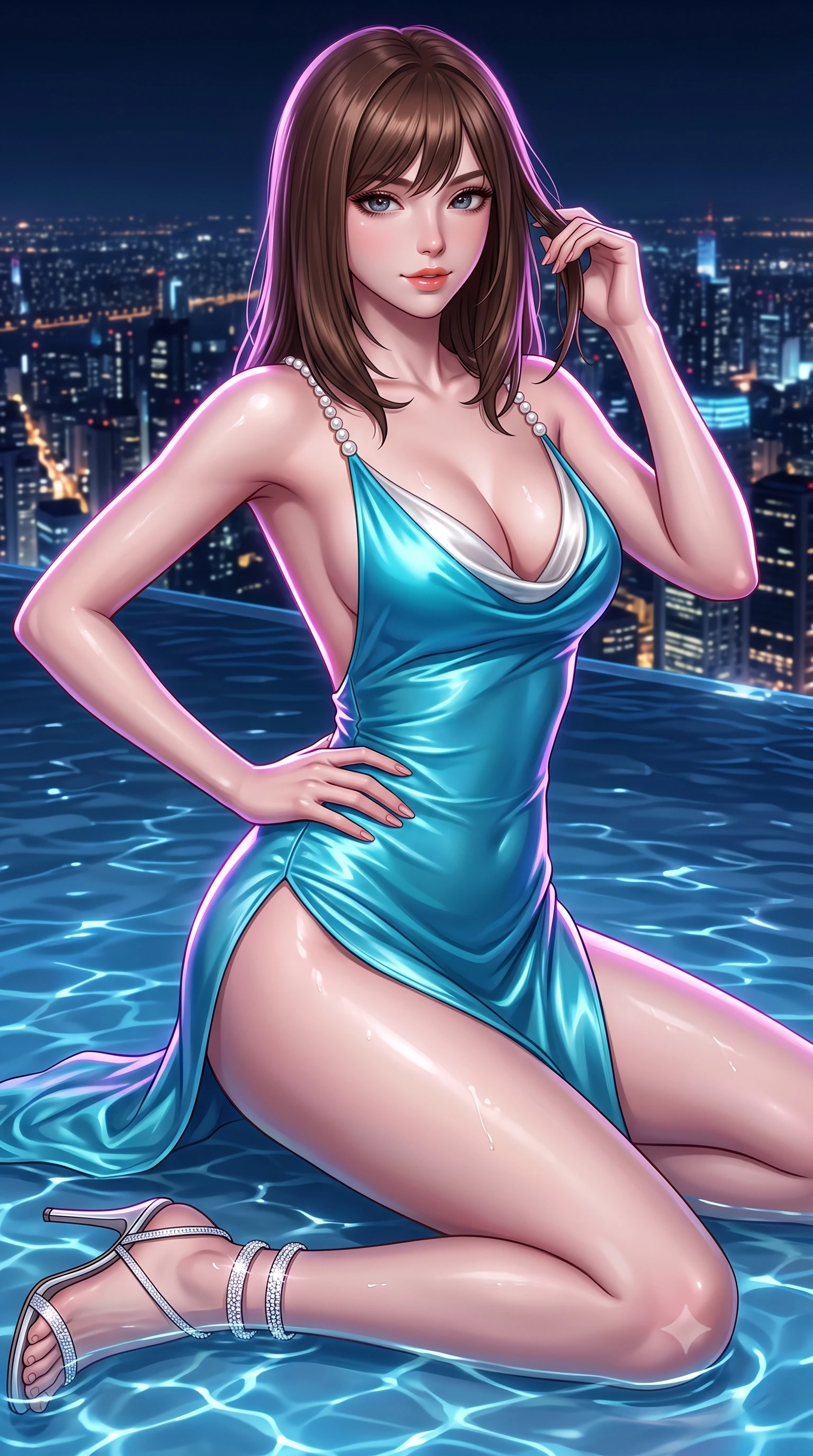 score_9, masterpiece, best quality, ultra-detailed, high-budget anime keyframe, semi-realistic 3D game render, editorial fashion photography, tasteful artistic composition, Korean woman. close-up cowboy shot from the waist and thighs up, the character dominates the composition, filling the frame with her large presence. twisting her slender torso in an alluring contrapposto stance, one hand resting on her sculpted hip while her fingers toy with her hair with effortless poise while lounging gracefully in the shallow heated pool propped on one elbow, her statuesque 8.5-heads silhouette commanding the nocturnal mega-city vista. The surrounding environment is rendered in vivid detail and crisp panoramic clarity: detailed wet-look liquid vinyl bodysuit cling, gold hoop earrings shine, and high-altitude infinity pool craft in high resolution. She has an exceptionally elegant, slender, and willowy female figure with an ultra-slim waist, flat toned midriff, narrow ribcage, and sculpted feminine hips creating an alluring, slim hourglass silhouette without bulk. sharp v-shaped jawline, high-bridge nose, sparkling eyes with hypnotic seductive depth, thick curled eyelashes, glossy parted lips with a natural dewy peach sheen, alluring bedroom-eyes with an enchanting coquettish smile, exuding magnetic siren charisma and sophisticated glamour, flawlessly proportioned anatomical accuracy, strict slender model proportions, natural body alignment, perfectly sculpted long slender limbs, ultra-slim waistline, clean dynamic posture without body distortion. wearing a plunging cowl-neck liquid silk satin sarong slip dress with daring hip-high double slits and pearl shoulder straps in Maldives ocean cyan and shimmering pearl white, woven from buttery-soft stretch lambskin leather adhering to her body like a second skin, complemented by strappy stiletto sandals with crystal ankle wraps accentuating her slender calves, the precision-cut side openings and low-back scoop framing her graceful spine and the sensual sweep of her slim, toned hips. illuminated by water ripple caustics and sharp platinum-magenta rim lights defining her delicate clavicles, ultra-slim waist, and curvy hips. highly saturated vibrant anime colors, detailed shading with soft gradients, rich glossy textures, high-contrast stereoscopic depth, volumetric dynamic lighting, master piece, 9:16 ratio
