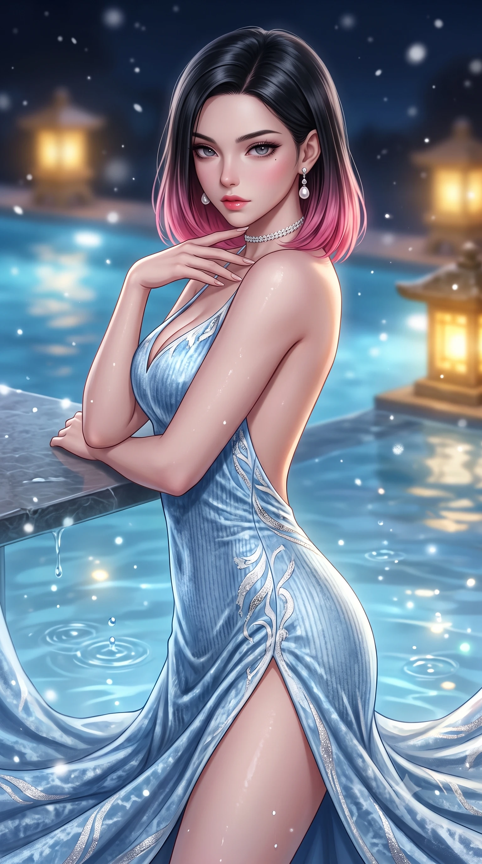 score_9, masterpiece, best quality, ultra-detailed, high-budget anime keyframe, semi-realistic 3D game render, editorial fashion photography, tasteful artistic composition, Korean woman. close-up cowboy shot from the waist and thighs up, the character dominates the composition, filling the frame with her large presence. resting one manicured hand delicately on her bare collarbone, her upper body twisting in a fluid, voluptuous yet slender curve while resting her chin on her crossed arms at the infinity pool's edge, gazing into the camera with bedroom-eyes. The composition keeps background elements in soft focus with creamy bokeh. thermal water droplet ripples and drifting snow particles scattering soft luminous light motes. She has an exceptionally elegant, slender, and willowy female figure with an ultra-slim waist, a gracefully sculpted slender torso, toned flat midriff, and a refined slim silhouette. sharp v-shaped jawline, high-bridge nose, intricate jewel-like eyes with depth, thick eyelashes, glossy parted lips with a natural sheen, intensely captivating and seductive expression, flawlessly proportioned anatomical accuracy, strict slender model proportions, natural body alignment, perfectly sculpted long slender limbs, ultra-slim waistline, clean dynamic posture without body distortion. wearing an ice-blue crushed velvet evening dress with a high side slit and dramatic bare back in pure glacier white and shimmering silver, knitted from ultra-soft fine Mongolian cashmere with body-contouring ribbing, accessorized with pearl drop earrings and a delicate diamond choker, the sweeping couture drape swaying majestically with her steps, accentuating her tall statuesque limbs and slender waistline. bathed in soft underwater pool illumination and warm golden stone lantern downlights. highly saturated vibrant anime colors, detailed shading with soft gradients, rich glossy textures, high-contrast stereoscopic depth, volumetric dynamic lighting, master piece, 9:16 ratio