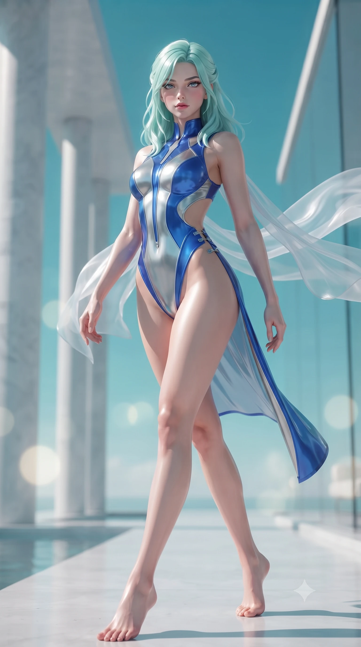 score_9, masterpiece, best quality, ultra-detailed, high-budget anime keyframe, editorial fashion photography, tasteful artistic composition, Japanese woman. low angle full-body shot from head to toe showing her feet, filling the entire 9:16 vertical frame with her statuesque presence, stretching her vertical silhouette. striding forward in a proud, statuesque motion with a dangerous smolder, her vertical silhouette dominating the frame from head to toe while arching her spine gracefully as high-altitude breezes flutter her silk wrap under a cloudless turquoise sky. The composition keeps background elements in soft focus with creamy bokeh. minimalist quartz columns and infinity pool glass walls softened by luminous shallow focus. She has an absolutely perfect, statuesque 8.5-heads proportion, an exceptionally tall and slender model-like female figure with impossibly long slender legs, a toned flat midriff, and an ultra-slim waist. sharp v-shaped jawline, high-bridge nose, intricate jewel-like eyes with depth, thick eyelashes, glossy lips with a natural sheen, flawlessly proportioned anatomical accuracy, strict slender model proportions, natural body alignment, perfectly sculpted long slender limbs, ultra-slim waistline, clean dynamic posture without body distortion. wearing a high-cut translucent vinyl leotard with front paneling, exposed side-rib cutouts, and an open back in liquid electric cobalt blue and polished silver, made of liquid metal jersey that clings flawlessly to every contour of her build, finished with an ultra-high side slit secured by miniature magnetic clasps, the form-contouring material adhering flawlessly to her sculpted flat midriff and slender torso, emphasizing her long leg lines and perfectly proportioned willowy build. surrounded by an exhilarating, elevated, and radiantly sensual cloud-palace aura. ultra-reflective glossy finish, specular highlights, metallic sheen, high-contrast stereoscopic depth, volumetric dynamic lighting, 2k, ultra detail, master piece, 9:16 ratio