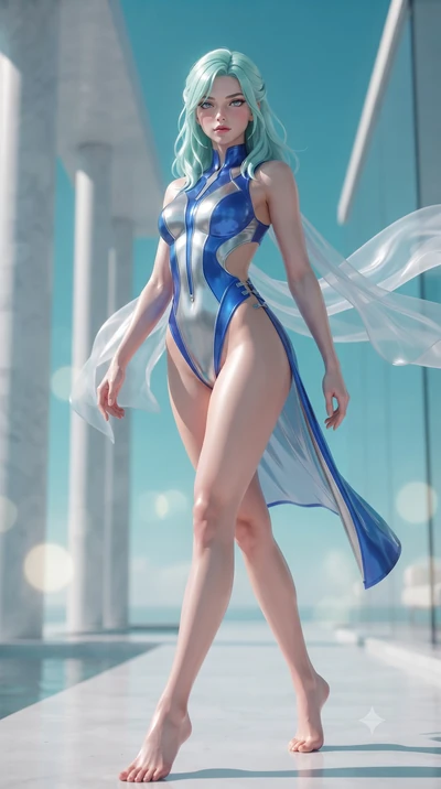 score_9, masterpiece, best quality, ultra-detailed, high-budget anime keyframe, editorial fashion photography, tasteful artistic composition, Japanese woman. low angle full-body shot from head to toe showing her feet, filling the entire 9:16 vertical