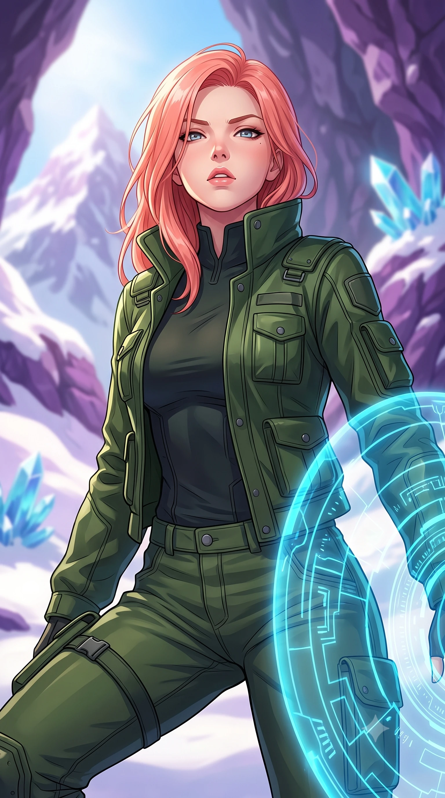 score_9, masterpiece, best quality, ultra-detailed, high-budget anime keyframe, editorial fashion photography, tasteful artistic composition, Japanese woman. close-up cowboy shot from the waist and thighs up, the character dominates the composition, filling the frame with her large presence, background elements kept in soft focus. crouching slightly behind a glowing holographic shield emitter, looking up with defiance and lips slightly parted, the background shows a soft-focus a mountain peak cavern with snow drifts and blue quartz formations. She has an exceptionally elegant, slender, and willowy female figure with an ultra-slim waist, a gracefully sculpted slender torso, and a refined silhouette. sharp v-shaped jawline, high-bridge nose, intricate jewel-like eyes with depth, thick eyelashes, glossy lips with a natural sheen. wearing a body-hugging protective combat pilot jacket in deep olive green, featuring a high collar, utility pockets, and straight-fit trousers. bright morning starlight highlighting white snow and purple rock in vivid tones. highly saturated vibrant anime colors, detailed shading with soft gradients, rich glossy textures, high-contrast stereoscopic depth, volumetric dynamic lighting, master piece, 9:16 ratio