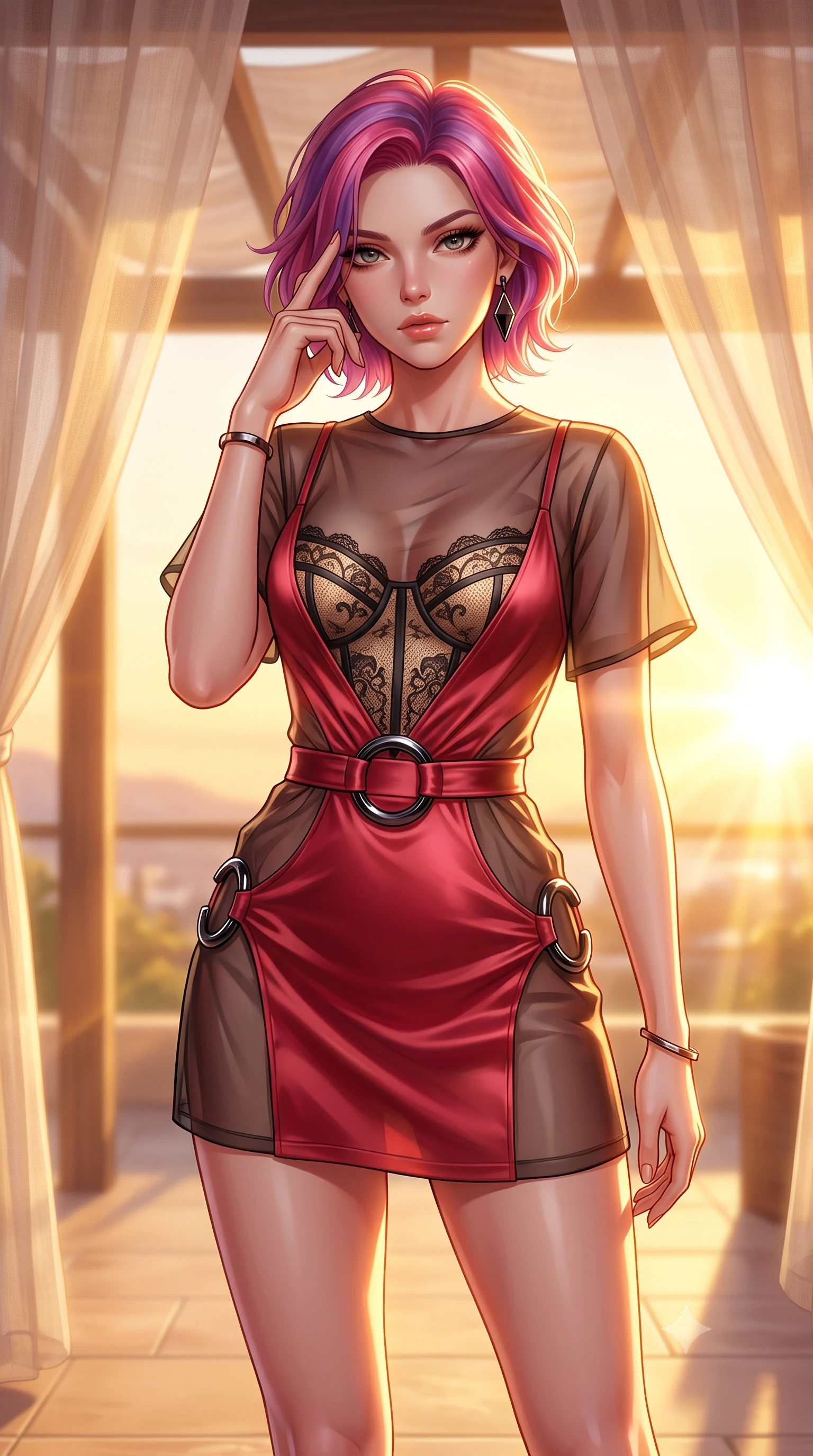 score_9, masterpiece, best quality, ultra-detailed, high-budget anime keyframe, editorial fashion photography, tasteful artistic composition, Caucasian woman. close-up cowboy shot from the waist and thighs up, the character dominates the composition, filling the frame with her large presence, background elements kept in soft focus. Pressing two fingers to her temple in a composed, sharp thoughtful gesture, poised beneath a sheer linen pergola as golden-hour sunbeams flood the terrace, form-contouring silk gown accentuating her slender torso and long legs. She has an exceptionally elegant, slender, and willowy female figure with an ultra-slim waist, a gracefully sculpted slender torso, and a refined silhouette. sharp v-shaped jawline, high-bridge nose, intricate jewel-like eyes with depth, thick eyelashes, glossy lips with a natural sheen. wearing translucent dark organza mini dress over structured black lace corset in champagne gold, made of soft crimson satin, accented with sculpted obsidian chrome rings at the waist, sculpting her athletic slender build with refined precision. surrounded by a radiant sunset ambiance with bright golden rim lights. highly saturated vibrant anime colors, detailed shading with soft gradients, rich glossy textures, high-contrast stereoscopic depth, volumetric dynamic lighting, master piece, 9:16 ratio