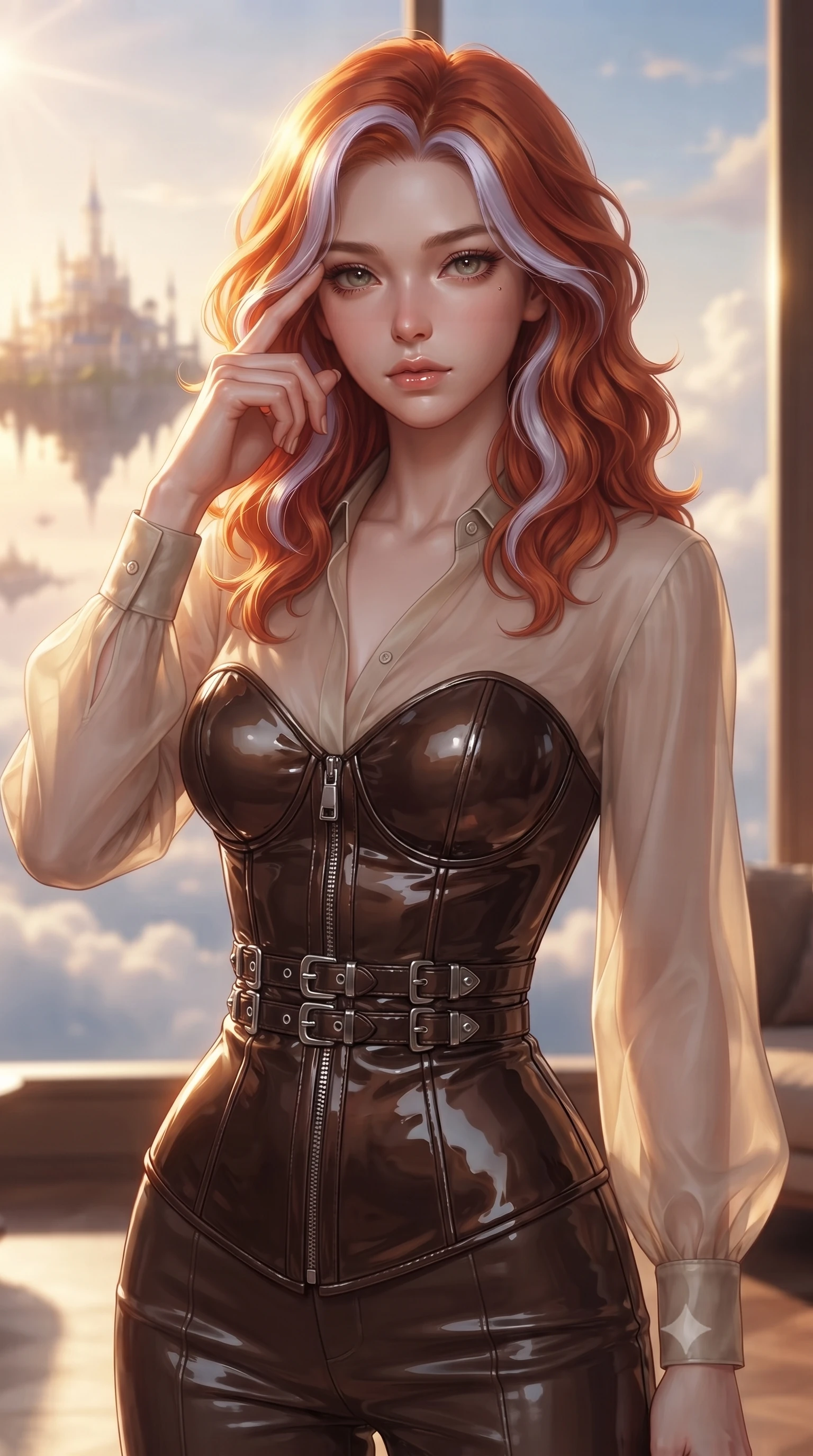 score_9, masterpiece, best quality, ultra-detailed, high-budget anime keyframe, editorial fashion photography, tasteful artistic composition, Caucasian woman. close-up cowboy shot from the waist and thighs up, the character dominates the composition, filling the frame with her large presence, background elements kept in soft focus. Pressing two fingers to her temple in a composed thoughtful gesture with an air of magnetic charisma gazing out at a dreamlike palace archipelago suspended in golden hour light, golden hour sunbursts creating a majestic rim lighting effect. She has an exceptionally elegant, slender, and willowy female figure with an ultra-slim waist, a gracefully sculpted slender torso, and a refined silhouette. sharp v-shaped jawline, high-bridge nose, intricate jewel-like eyes with depth, thick eyelashes, glossy lips with a natural sheen. wearing a tailored leather bustier over a sheer silk chiffon blouse in espresso brown and warm cream, tailored from high-gloss patent leather, detailed with polished silver buckles along the waistline, the form-contouring material highlighting her ultra-slim waist and long lines. illuminated by soft glowing sunset radiance with dramatic golden rim highlights. ultra-reflective glossy finish, specular highlights, metallic sheen, high-contrast stereoscopic depth, volumetric dynamic lighting, 2k, ultra detail, master piece, 9:16 ratio
