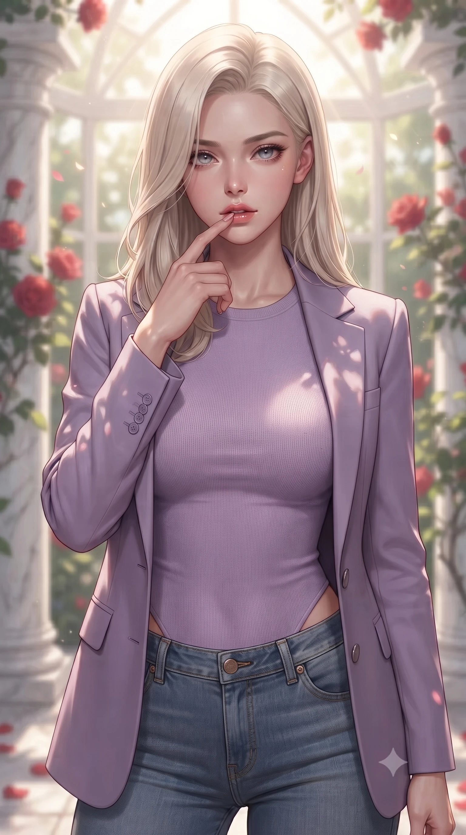 score_9, masterpiece, best quality, ultra-detailed, high-budget anime keyframe, editorial fashion photography, tasteful artistic composition, Caucasian woman. close-up cowboy shot from the waist and thighs up, the character dominates the composition, filling the frame with her large presence, background elements kept in soft focus. pressing one finger to her bottom lip in a thoughtful, seductive gesture under the warm sun the background shows a soft-focus a secluded rose garden glasshouse with climbing red roses and white marble pillars. She has an exceptionally elegant, slender, and willowy female figure with an ultra-slim waist, a gracefully sculpted slender torso, and a refined silhouette. sharp v-shaped jawline, high-bridge nose, intricate jewel-like eyes with depth, thick eyelashes, glossy lips with a natural sheen. wearing a form-contouring tight-fitting lavender knit bodysuit worn under a tailored open blazer and jeans. soft morning sun rays casting elegant shadows of leaves and petals. ultra-reflective glossy finish, specular highlights, metallic sheen, high-contrast stereoscopic depth, volumetric dynamic lighting, 2k, ultra detail, master piece, 9:16 ratio